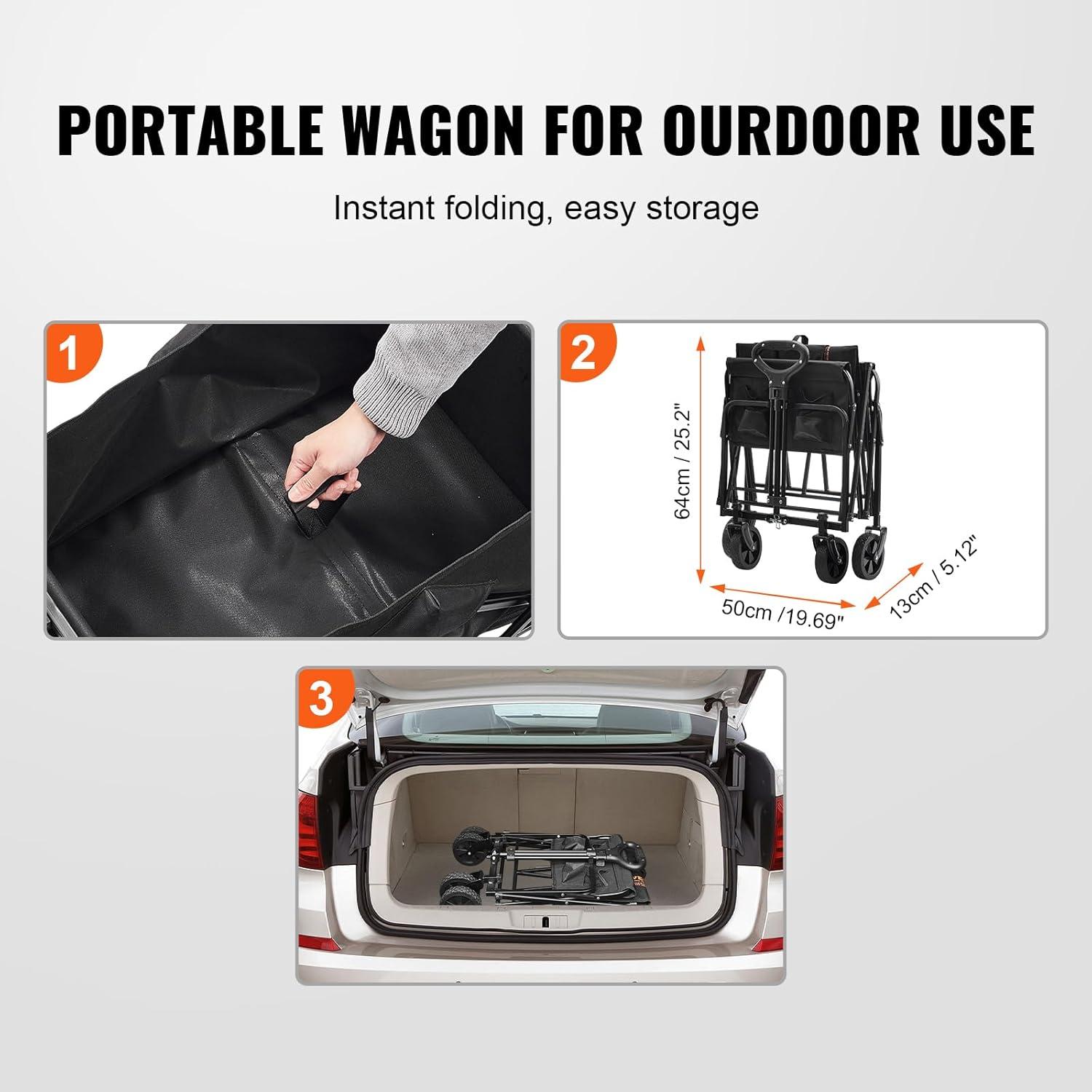 image:imageVEVOR Collapsible Folding Wagon Cart 220lbs Heavy Duty Wagons Carts Foldable with Wheels Outdoor Portable Garden Cart Utility Wagon for Groceries Camping Sports with Large Capacity amp Drink HolderBlack