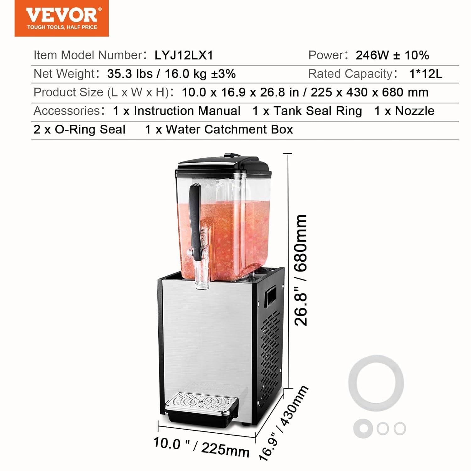 image:imageVEVOR Commercial Beverage Dispenser 12 L 127 QT Juice Dispenser 246W 304 Stainless Steel Food Grade Ice Tea Drink Machine with 45F54F Cooling Temperature for Cold Drink Restaurant Bar Party