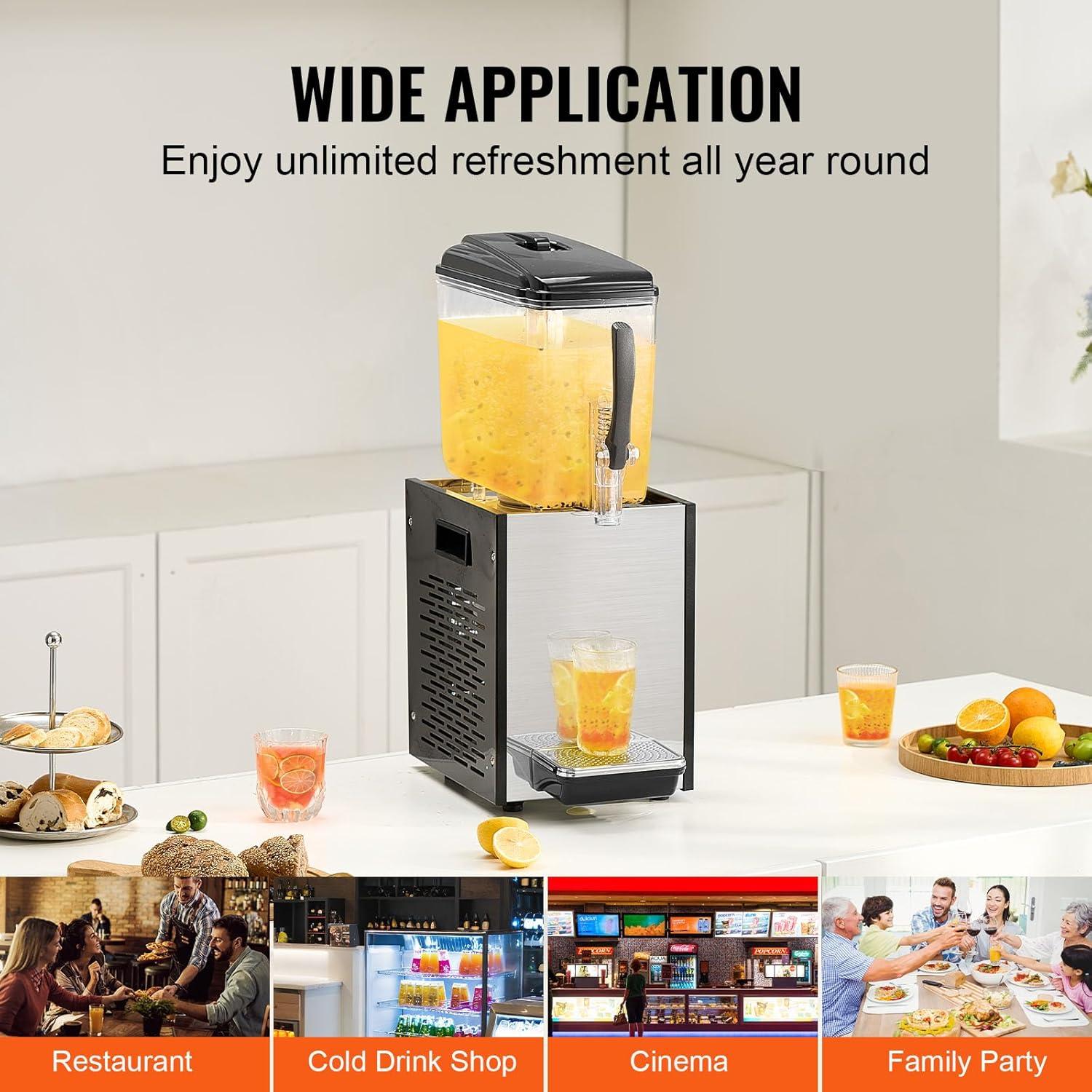 image:imageVEVOR Commercial Beverage Dispenser 12 L 127 QT Juice Dispenser 246W 304 Stainless Steel Food Grade Ice Tea Drink Machine with 45F54F Cooling Temperature for Cold Drink Restaurant Bar Party