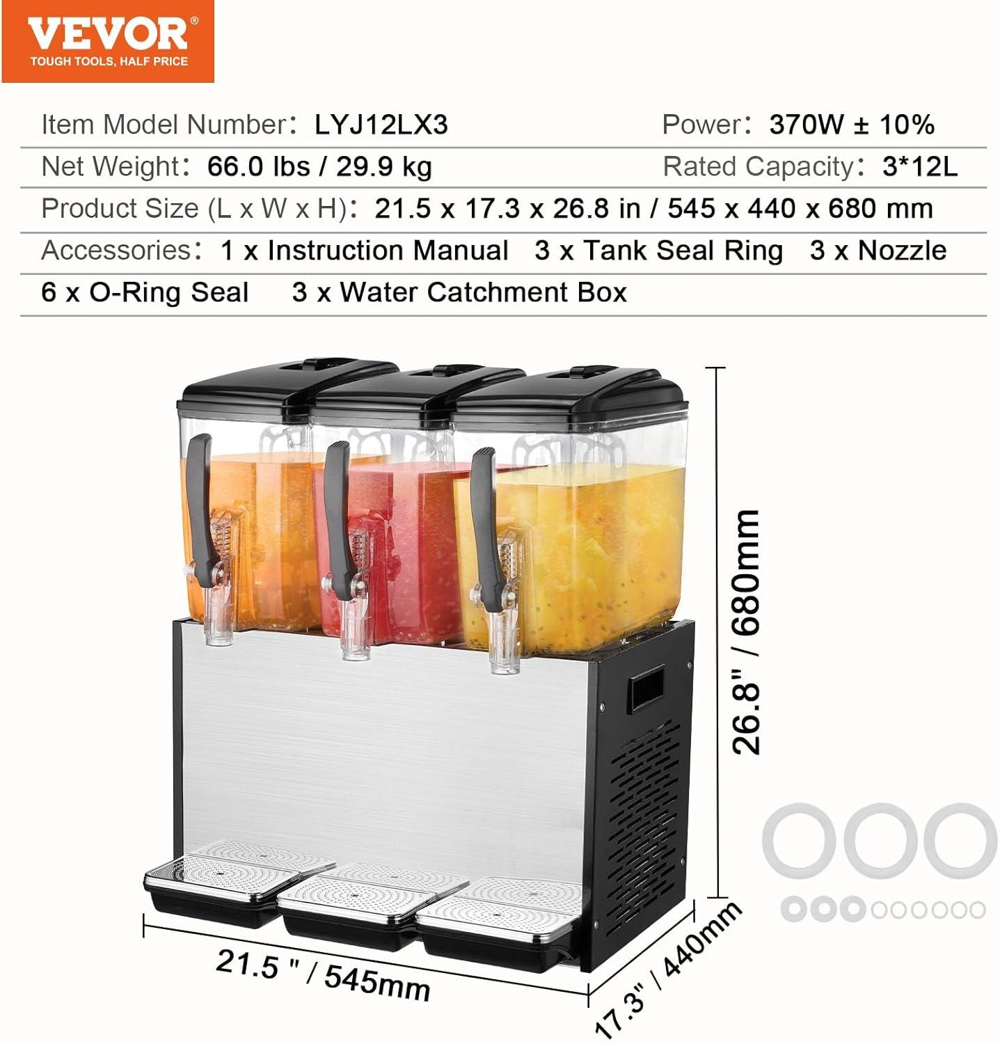 image:imageVEVOR Commercial Beverage Dispenser 3 Tanks 12 L 127 QT Per Tank Juice Dispenser 370W Stainless Steel Ice Tea Drink Machine with 45F54F Cooling Temperature for Cold Drink Restaurant Bar Party12L 3