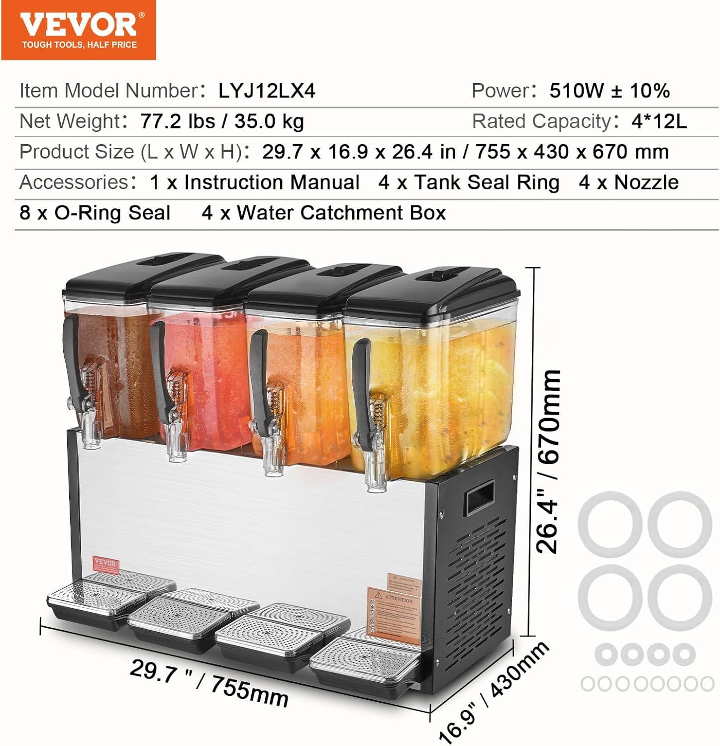 image:imageVEVOR Commercial Beverage Dispenser 3 Tanks 12 L 127 QT Per Tank Juice Dispenser 370W Stainless Steel Ice Tea Drink Machine with 45F54F Cooling Temperature for Cold Drink Restaurant Bar Party12L 4
