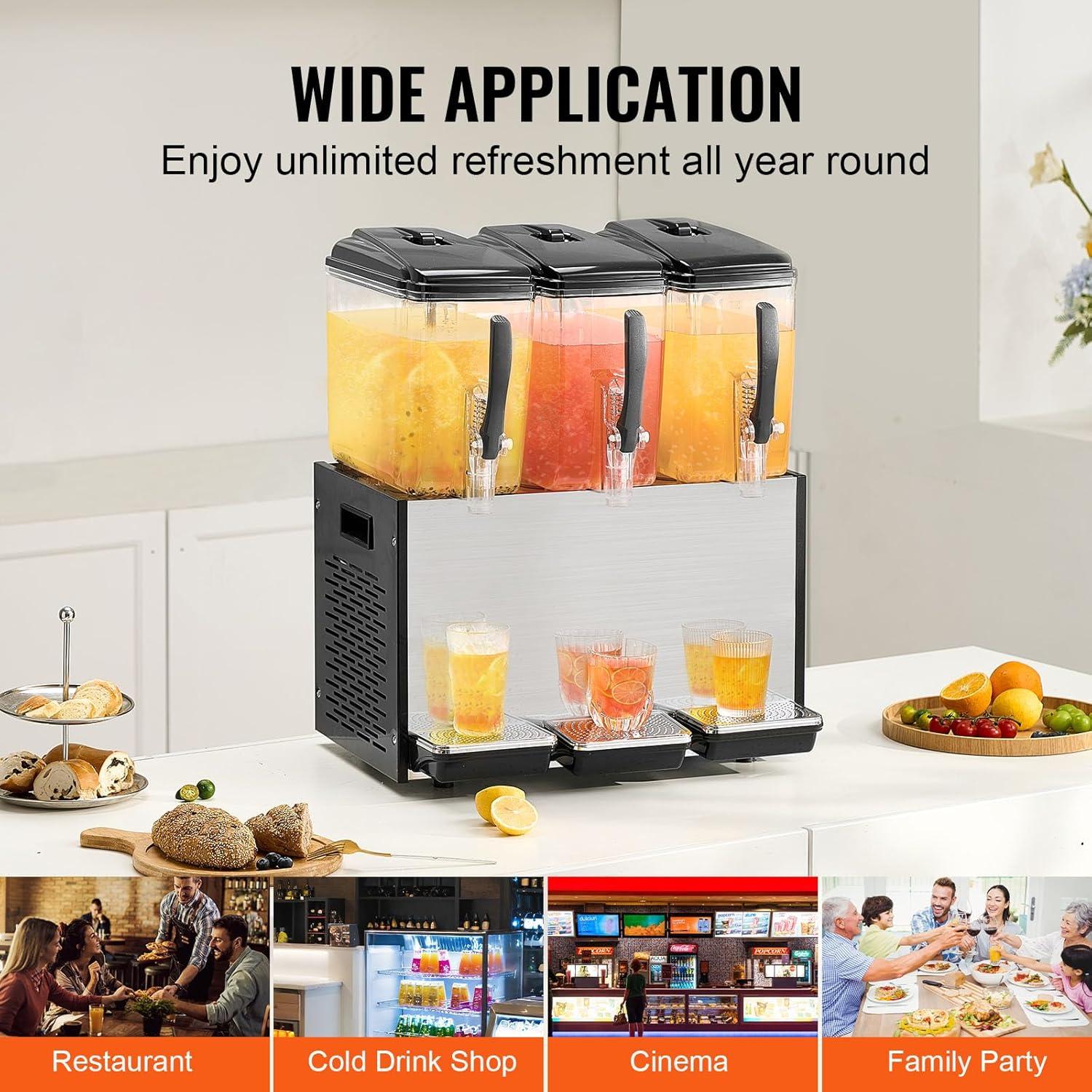 image:imageVEVOR Commercial Beverage Dispenser 3 Tanks 12 L 127 QT Per Tank Juice Dispenser 370W Stainless Steel Ice Tea Drink Machine with 45F54F Cooling Temperature for Cold Drink Restaurant Bar Party12L 3