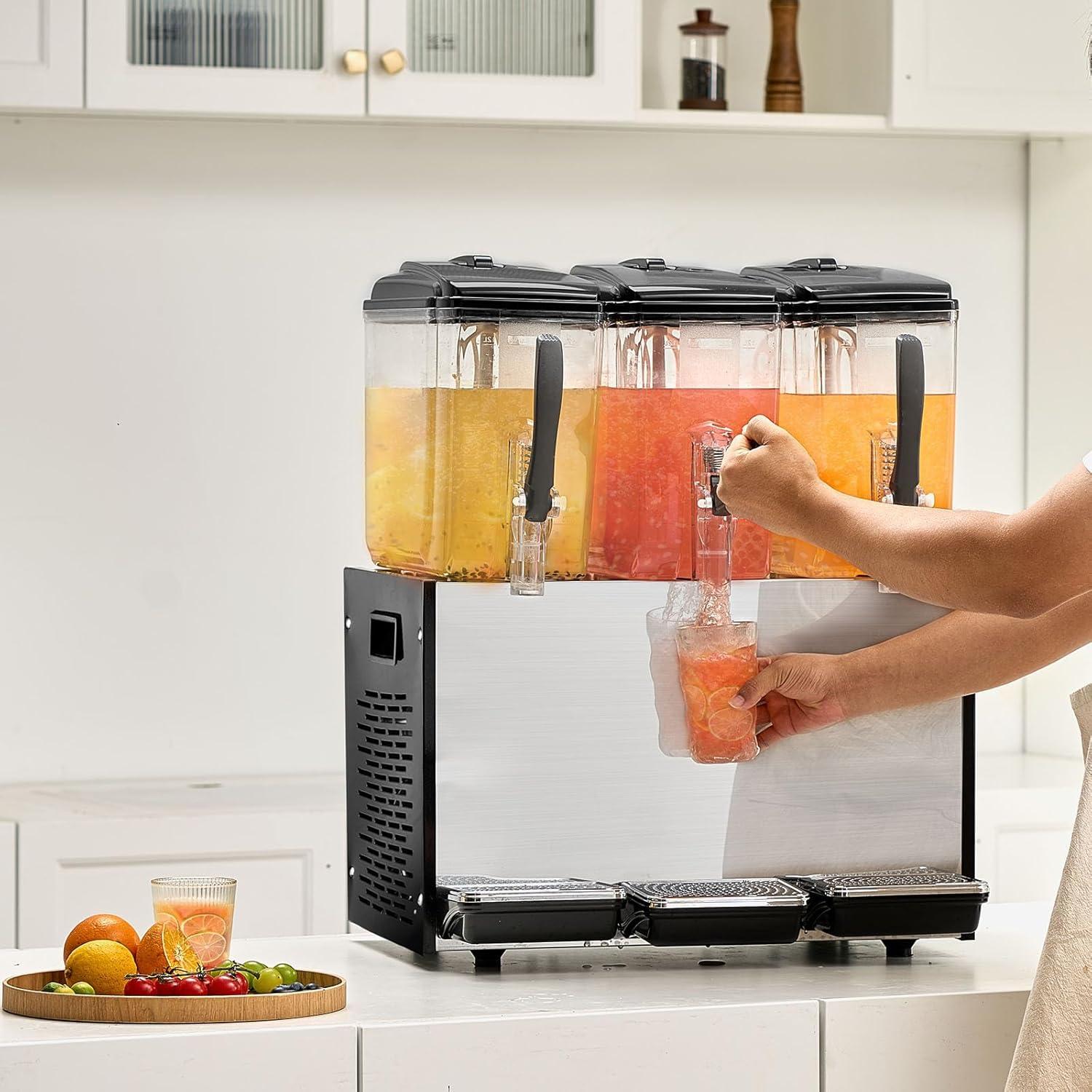 image:imageVEVOR Commercial Beverage Dispenser 3 Tanks 12 L 127 QT Per Tank Juice Dispenser 370W Stainless Steel Ice Tea Drink Machine with 45F54F Cooling Temperature for Cold Drink Restaurant Bar Party12L 3