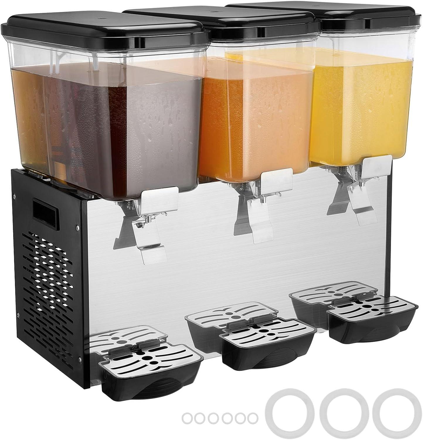image:imageVEVOR Commercial Beverage Dispenser 3 Tanks 18 L 19 QT Per Tank Juice Dispenser 512W Stainless Steel Ice Tea Drink Machine with 45F54F Cooling Temperature for Cold Drink Restaurant Bar Party3 tanks x 18L
