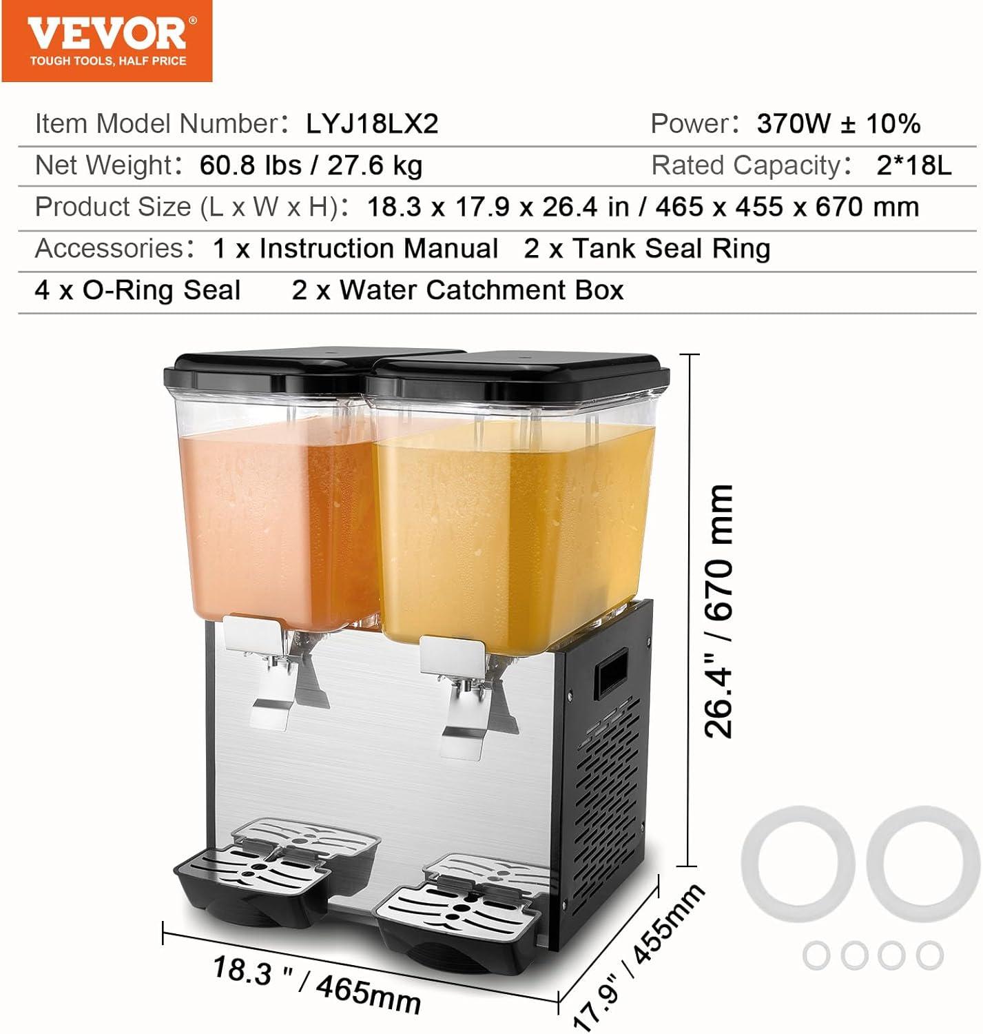 image:imageVEVOR Commercial Beverage Dispenser 3 Tanks 18 L 19 QT Per Tank Juice Dispenser 512W Stainless Steel Ice Tea Drink Machine with 45F54F Cooling Temperature for Cold Drink Restaurant Bar Party2 tanks x 18L