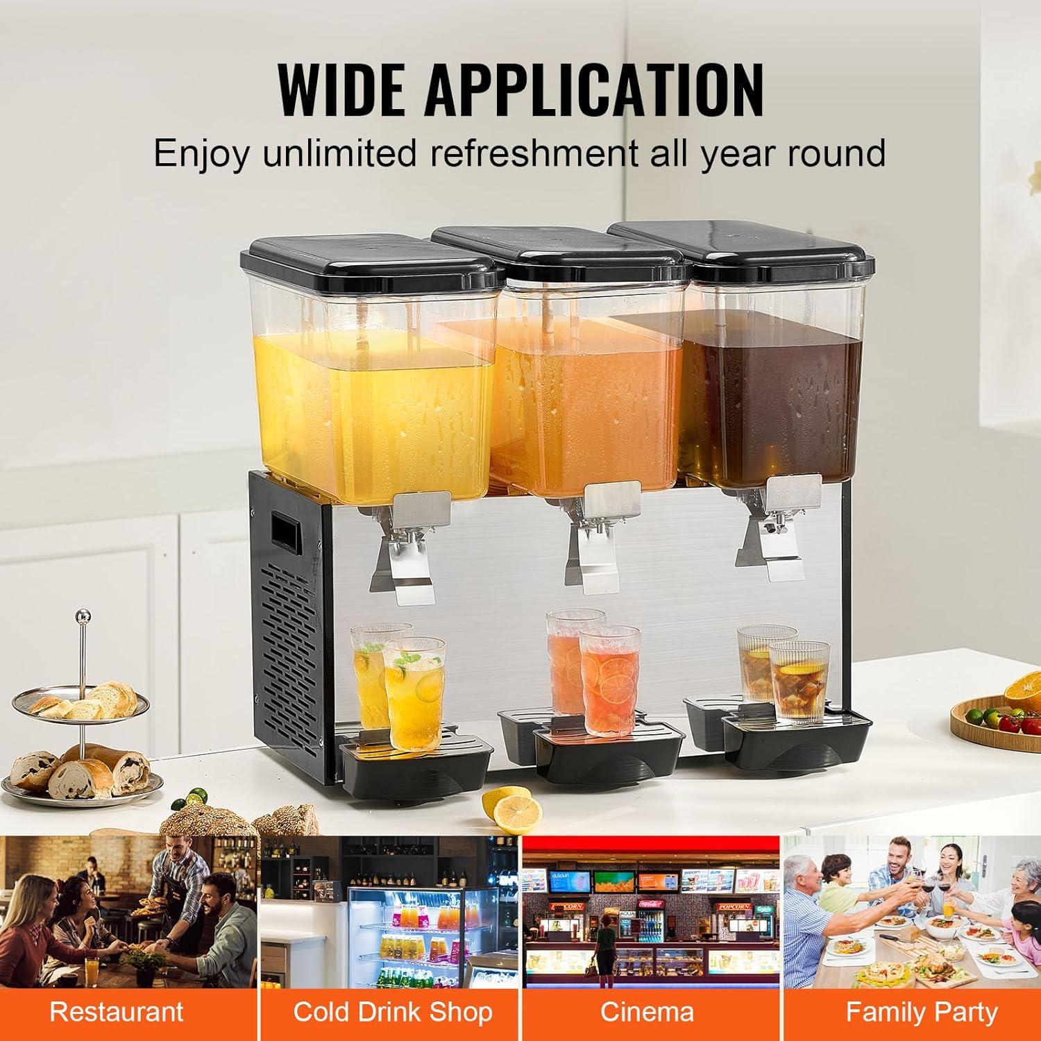 image:imageVEVOR Commercial Beverage Dispenser 3 Tanks 18 L 19 QT Per Tank Juice Dispenser 512W Stainless Steel Ice Tea Drink Machine with 45F54F Cooling Temperature for Cold Drink Restaurant Bar Party3 tanks x 18L