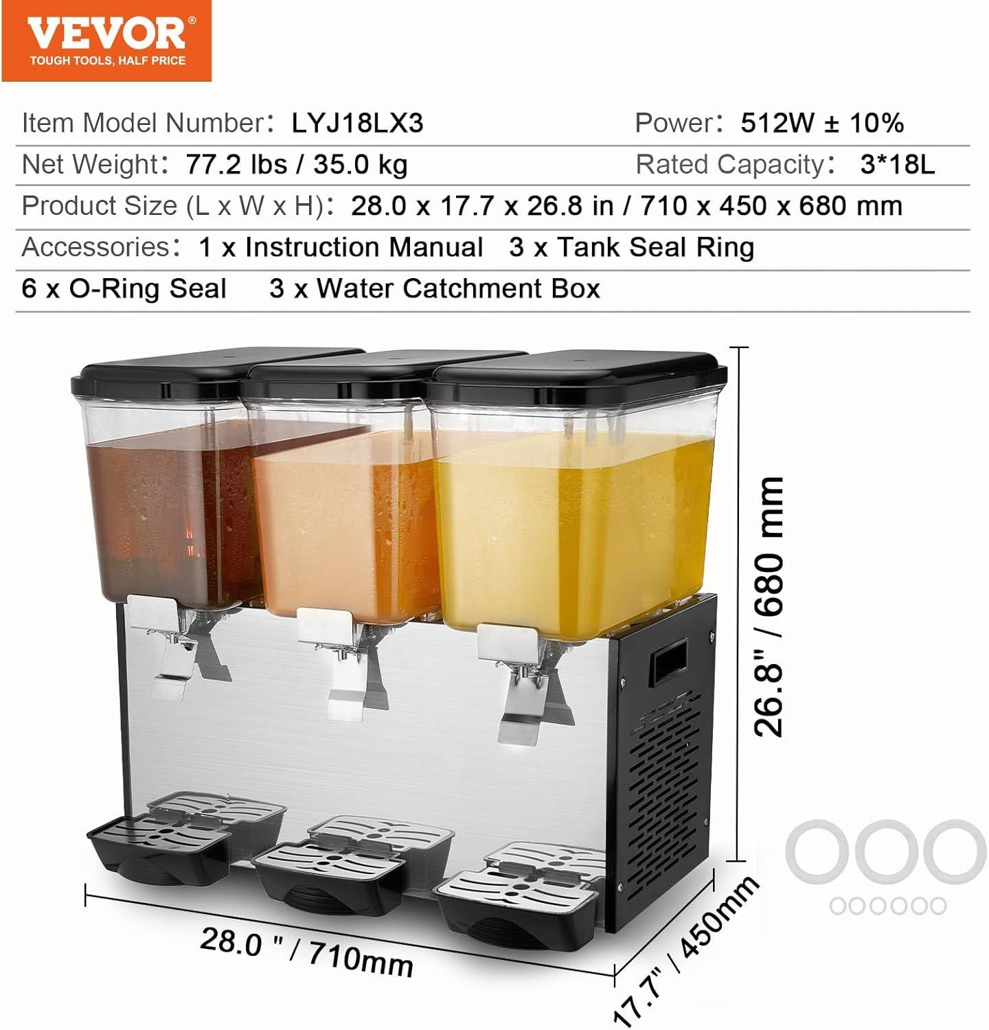 image:imageVEVOR Commercial Beverage Dispenser 3 Tanks 18 L 19 QT Per Tank Juice Dispenser 512W Stainless Steel Ice Tea Drink Machine with 45F54F Cooling Temperature for Cold Drink Restaurant Bar Party3 tanks x 18L