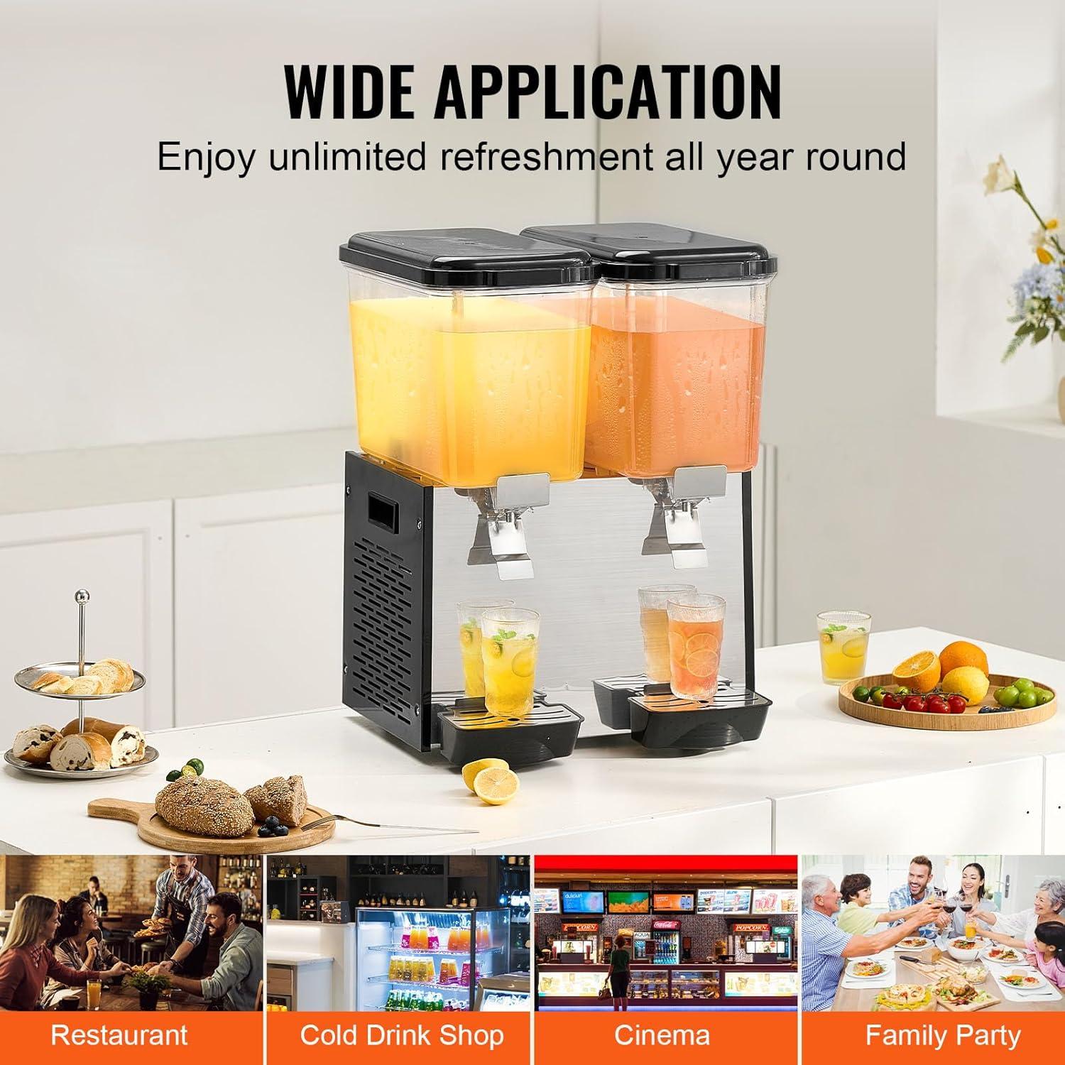 image:imageVEVOR Commercial Beverage Dispenser 3 Tanks 18 L 19 QT Per Tank Juice Dispenser 512W Stainless Steel Ice Tea Drink Machine with 45F54F Cooling Temperature for Cold Drink Restaurant Bar Party2 tanks x 18L