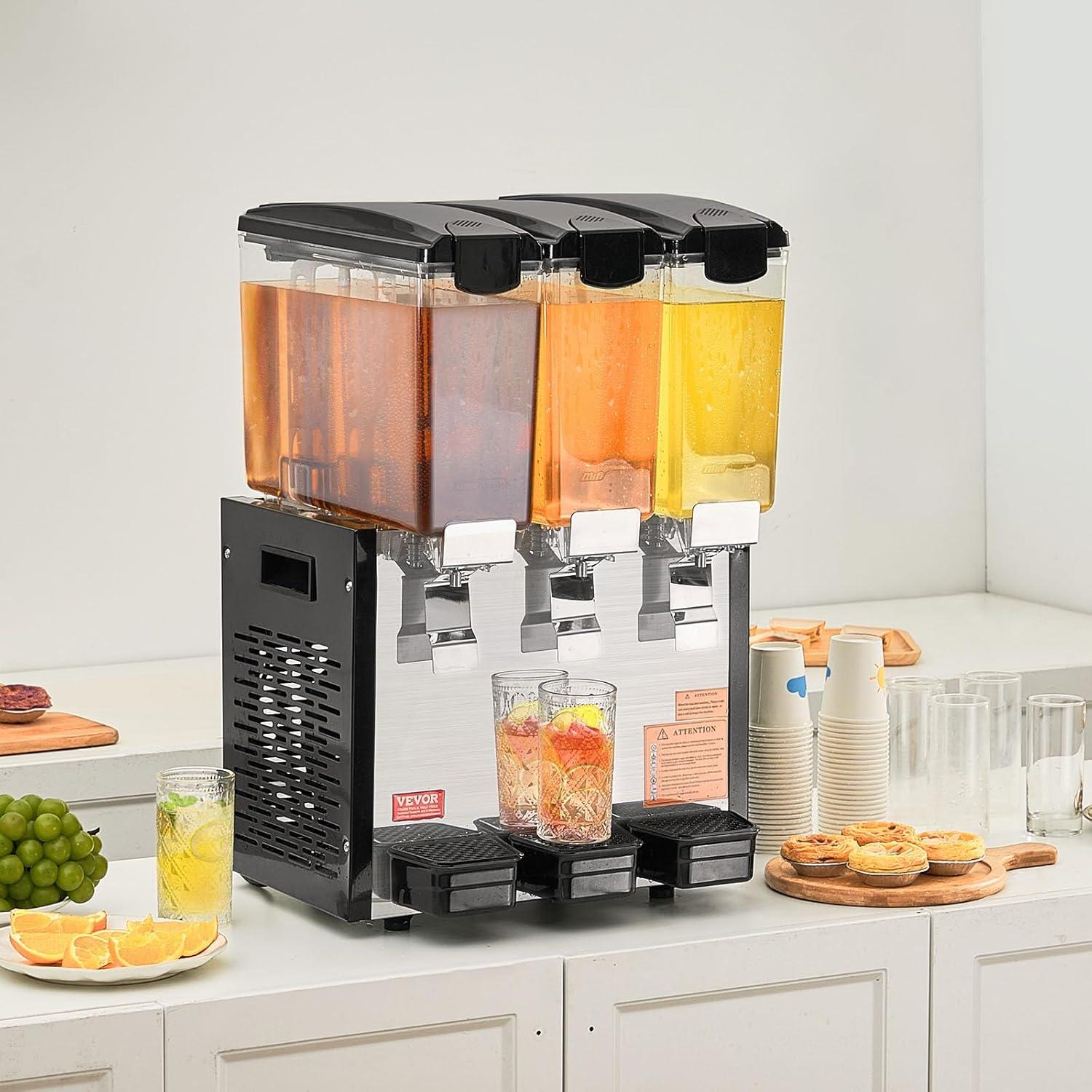 image:imageVEVOR Commercial Beverage Dispenser 4 Tanks 10 L 106 QT Per Tank Juice Dispenser 430W Stainless Steel Ice Tea Drink Machine with 45F54F Cooling Temperature for Cold Drink Restaurant Bar Party3 Tanks 10 L