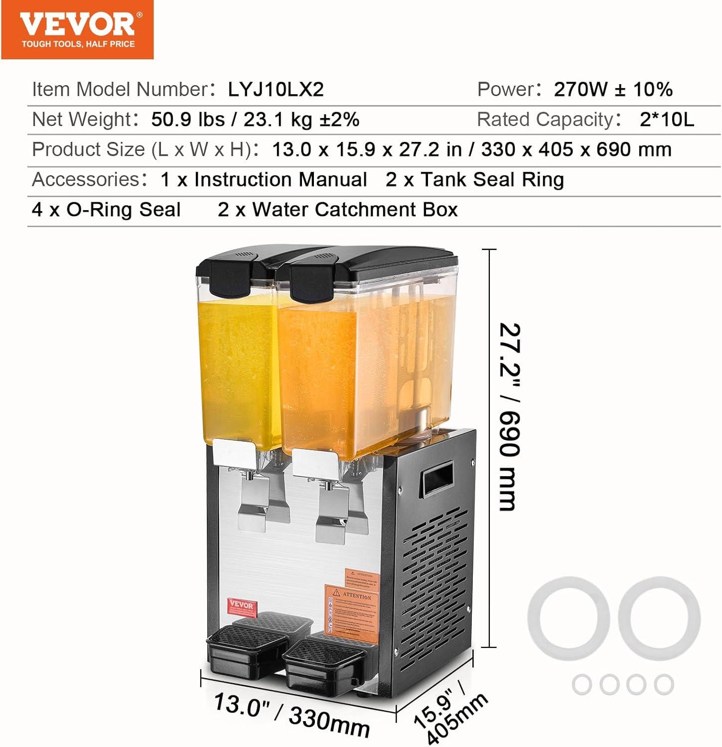 image:imageVEVOR Commercial Beverage Dispenser 4 Tanks 10 L 106 QT Per Tank Juice Dispenser 430W Stainless Steel Ice Tea Drink Machine with 45F54F Cooling Temperature for Cold Drink Restaurant Bar Party2 Tanks 10 L