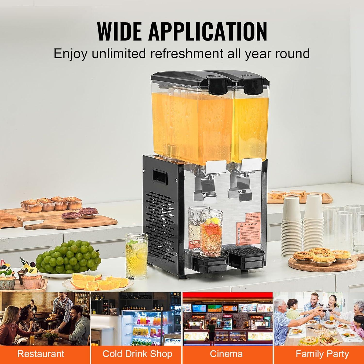 image:imageVEVOR Commercial Beverage Dispenser 4 Tanks 10 L 106 QT Per Tank Juice Dispenser 430W Stainless Steel Ice Tea Drink Machine with 45F54F Cooling Temperature for Cold Drink Restaurant Bar Party2 Tanks 10 L