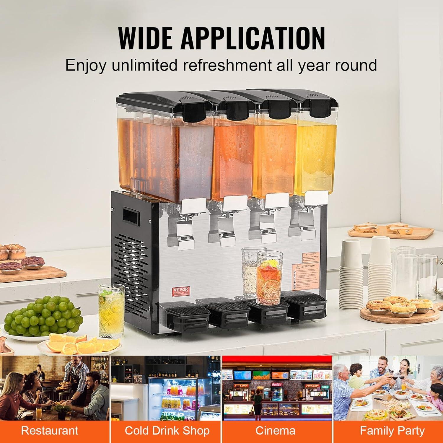 image:imageVEVOR Commercial Beverage Dispenser 4 Tanks 10 L 106 QT Per Tank Juice Dispenser 430W Stainless Steel Ice Tea Drink Machine with 45F54F Cooling Temperature for Cold Drink Restaurant Bar Party4 Tanks 10 L