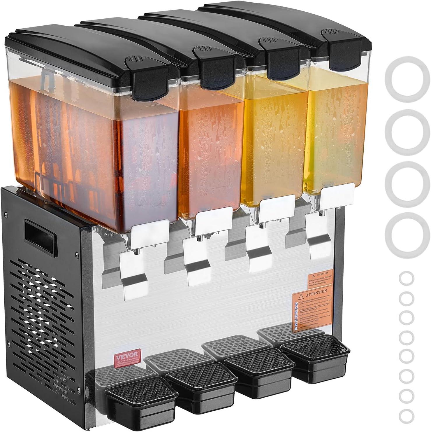 image:imageVEVOR Commercial Beverage Dispenser 4 Tanks 10 L 106 QT Per Tank Juice Dispenser 430W Stainless Steel Ice Tea Drink Machine with 45F54F Cooling Temperature for Cold Drink Restaurant Bar Party4 Tanks 10 L