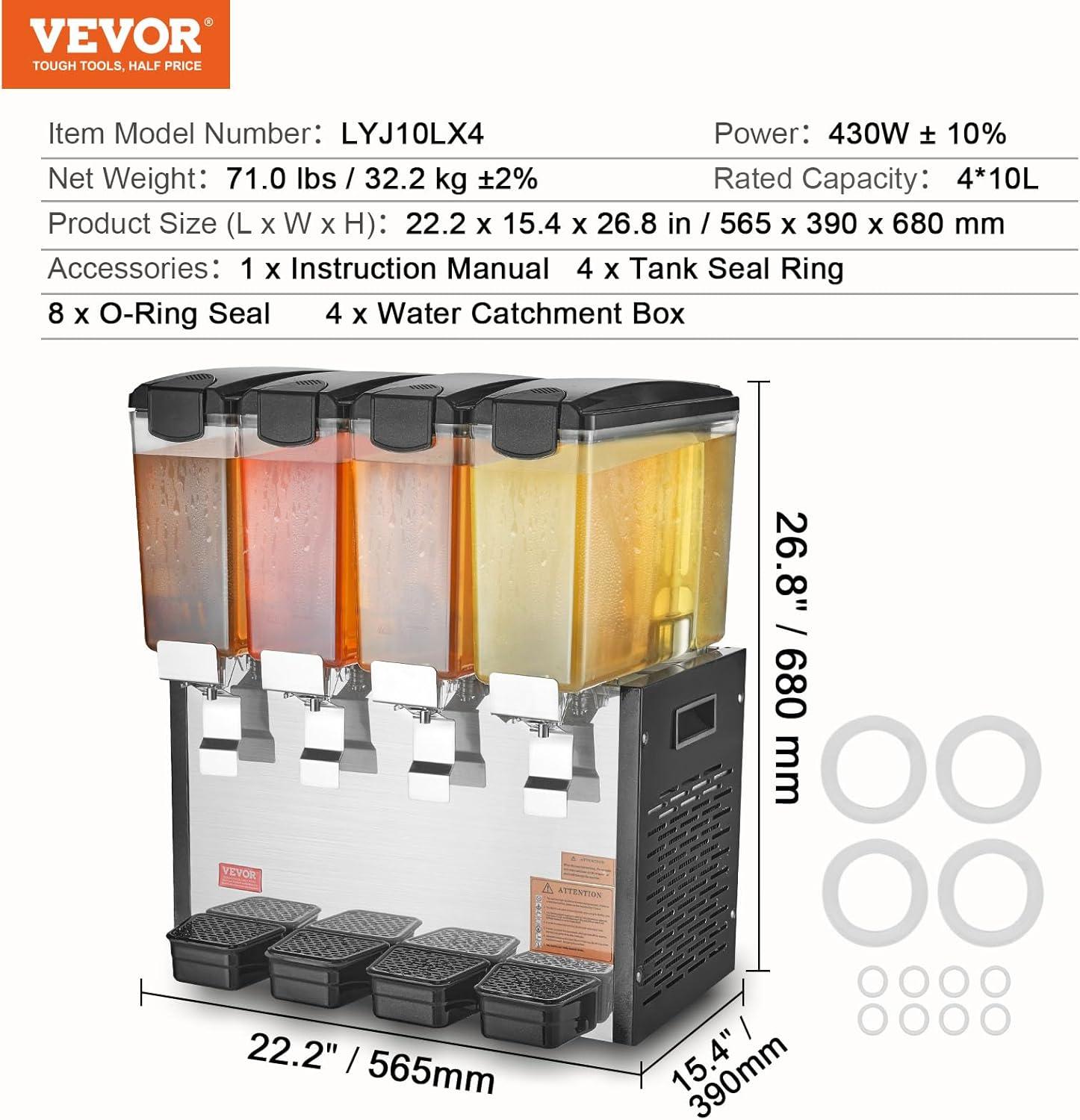image:imageVEVOR Commercial Beverage Dispenser 4 Tanks 10 L 106 QT Per Tank Juice Dispenser 430W Stainless Steel Ice Tea Drink Machine with 45F54F Cooling Temperature for Cold Drink Restaurant Bar Party4 Tanks 10 L