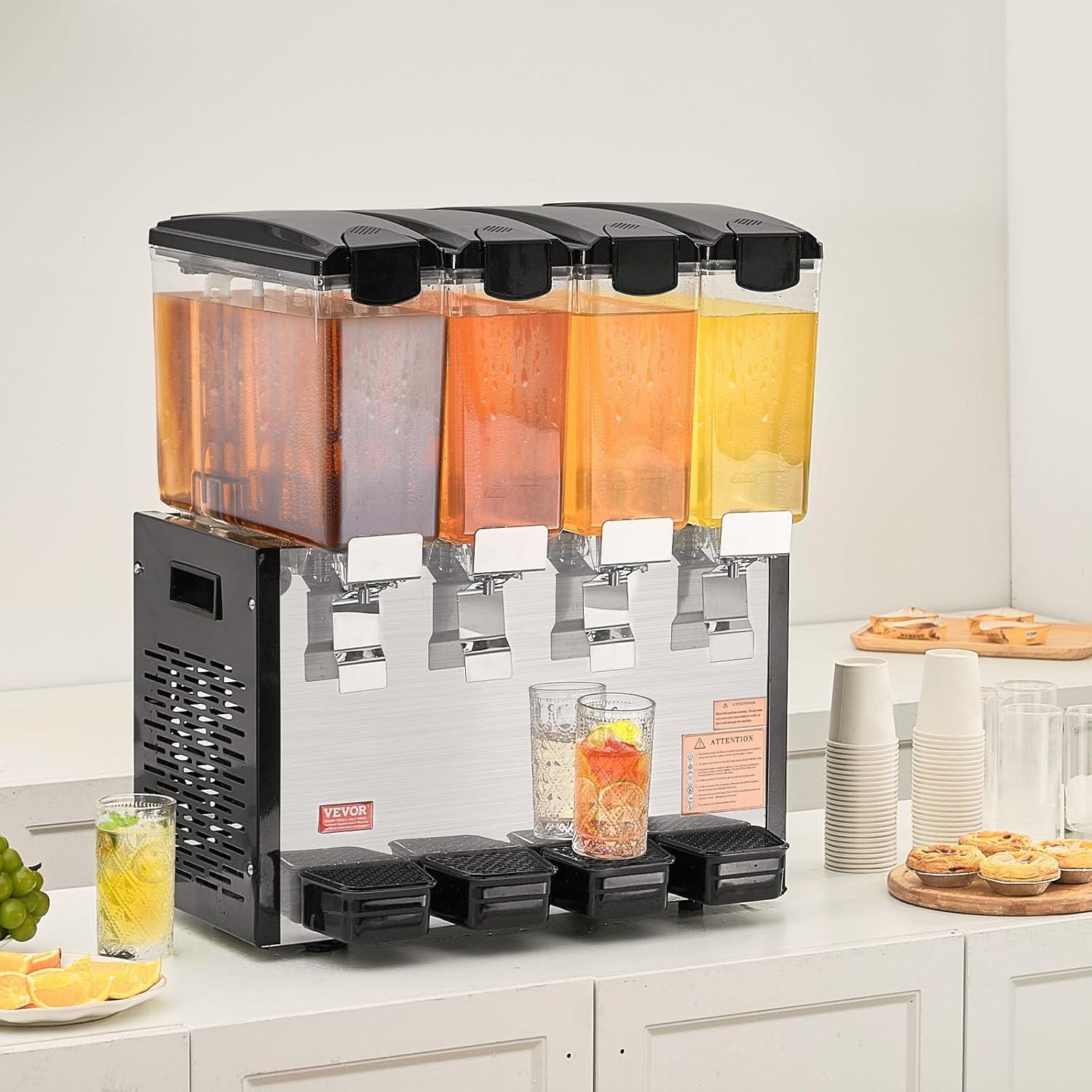image:imageVEVOR Commercial Beverage Dispenser 4 Tanks 10 L 106 QT Per Tank Juice Dispenser 430W Stainless Steel Ice Tea Drink Machine with 45F54F Cooling Temperature for Cold Drink Restaurant Bar Party4 Tanks 10 L