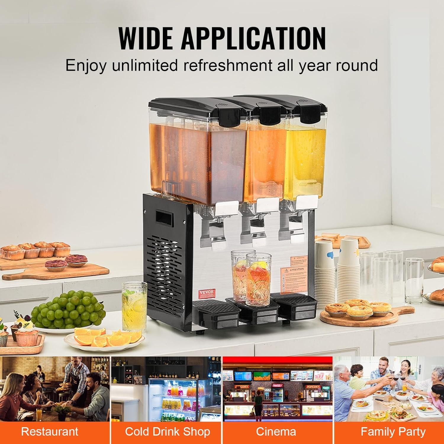 image:imageVEVOR Commercial Beverage Dispenser 4 Tanks 10 L 106 QT Per Tank Juice Dispenser 430W Stainless Steel Ice Tea Drink Machine with 45F54F Cooling Temperature for Cold Drink Restaurant Bar Party3 Tanks 10 L