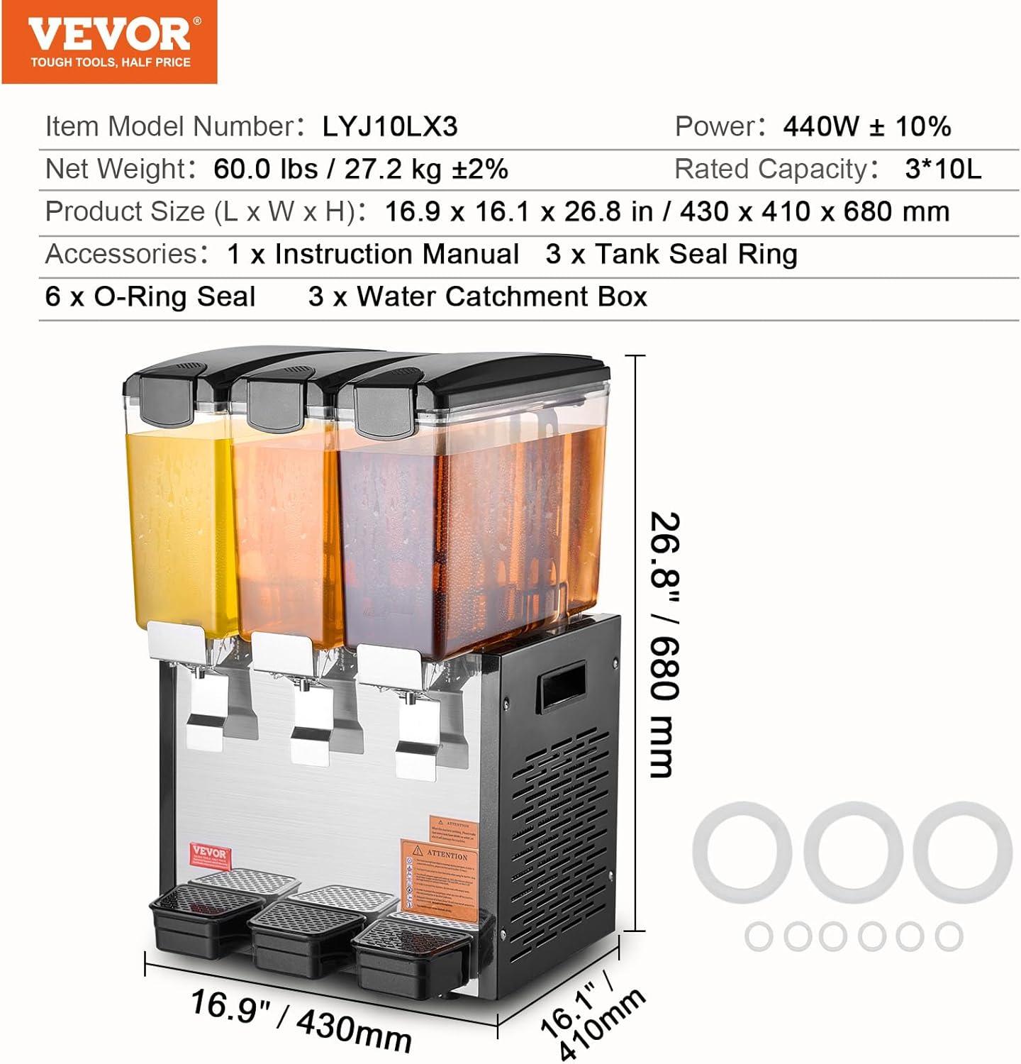 image:imageVEVOR Commercial Beverage Dispenser 4 Tanks 10 L 106 QT Per Tank Juice Dispenser 430W Stainless Steel Ice Tea Drink Machine with 45F54F Cooling Temperature for Cold Drink Restaurant Bar Party3 Tanks 10 L