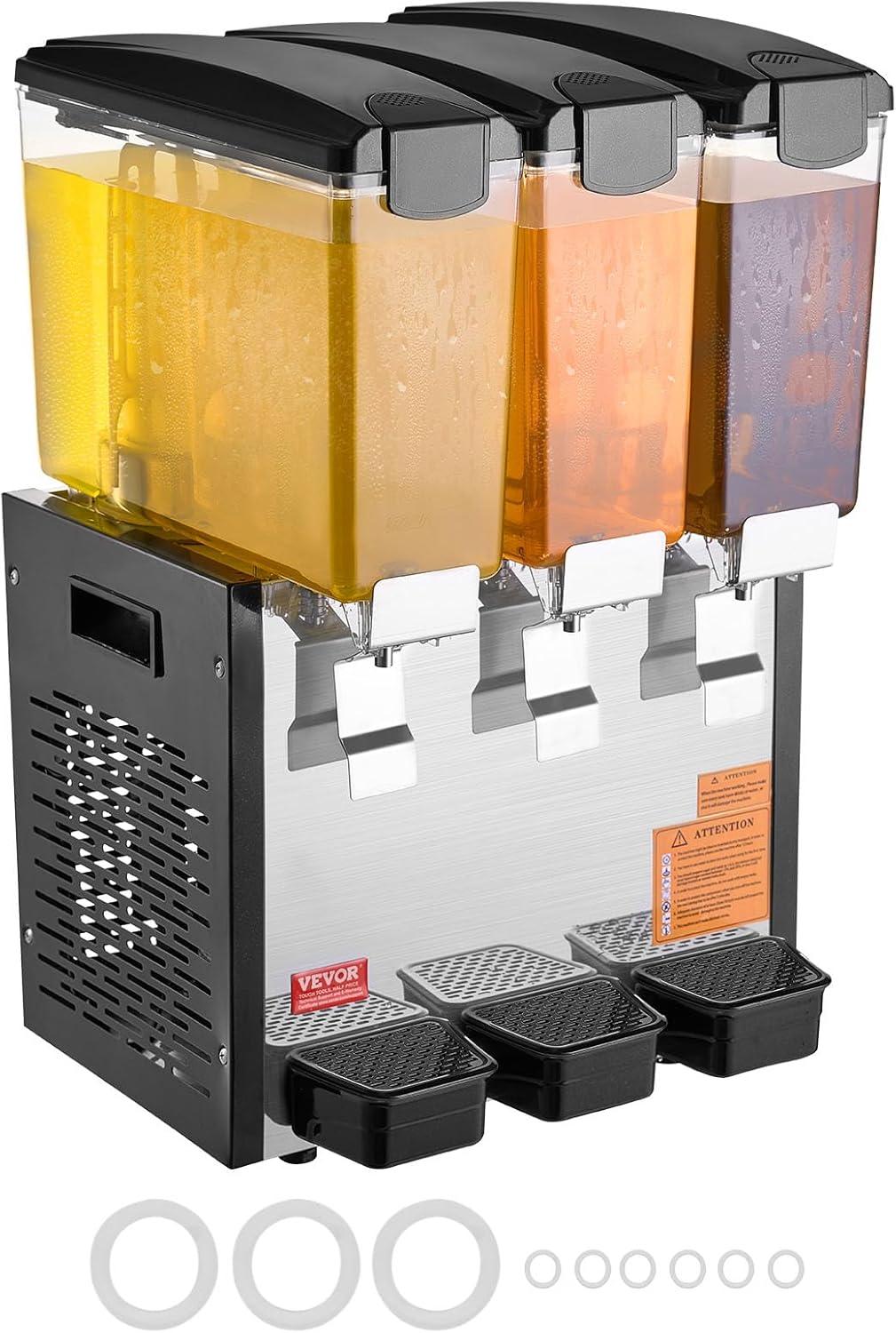 image:imageVEVOR Commercial Beverage Dispenser 4 Tanks 10 L 106 QT Per Tank Juice Dispenser 430W Stainless Steel Ice Tea Drink Machine with 45F54F Cooling Temperature for Cold Drink Restaurant Bar Party3 Tanks 10 L