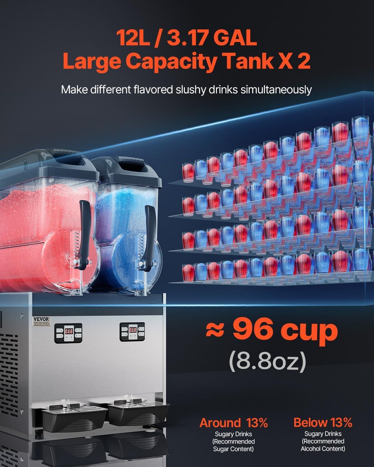 image:imageVEVOR Commercial Slushy Machine 12L Single Tank Frozen Drink Machine 48 Cups Stainless Steel Margarita Smoothie Frozen Drink Maker Slushie Maker for Home Party Restaurants Cafe BarsBlack
