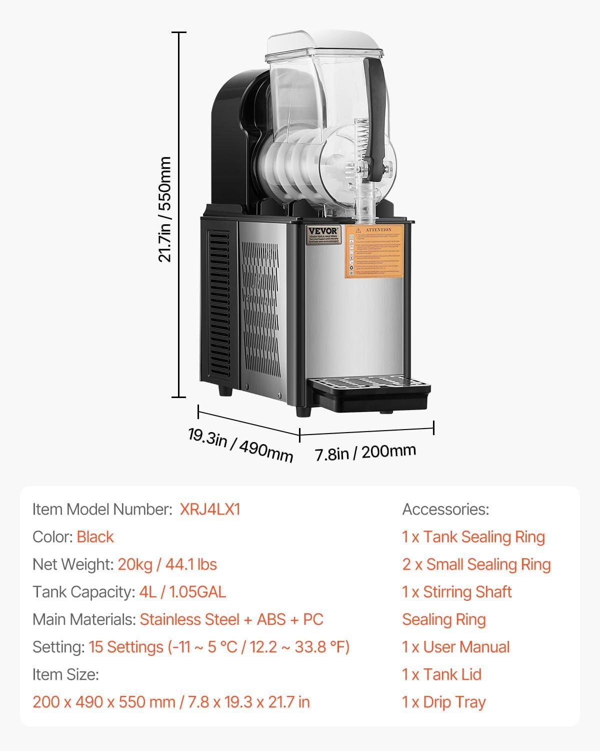 image:imageVEVOR Commercial Slushy Machine 4L Single Tank Frozen Drink Machine 16 Cups Stainless Steel Margarita Smoothie Frozen Drink Maker Slushie Maker for Home Party Restaurants Cafe Bars4L1