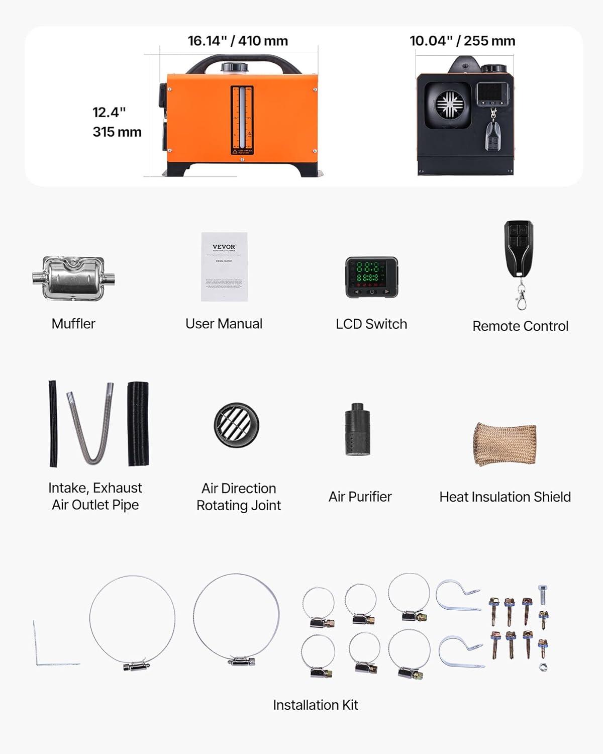 image:imageVEVOR Diesel Heater 12V Allinone Diesel Air Heater with Remote Control and LCD Display 5L Fuel Tank Fast Heating Portable Diesel Parking Heater for RV Truck 8KW Basic Red8KWOrange