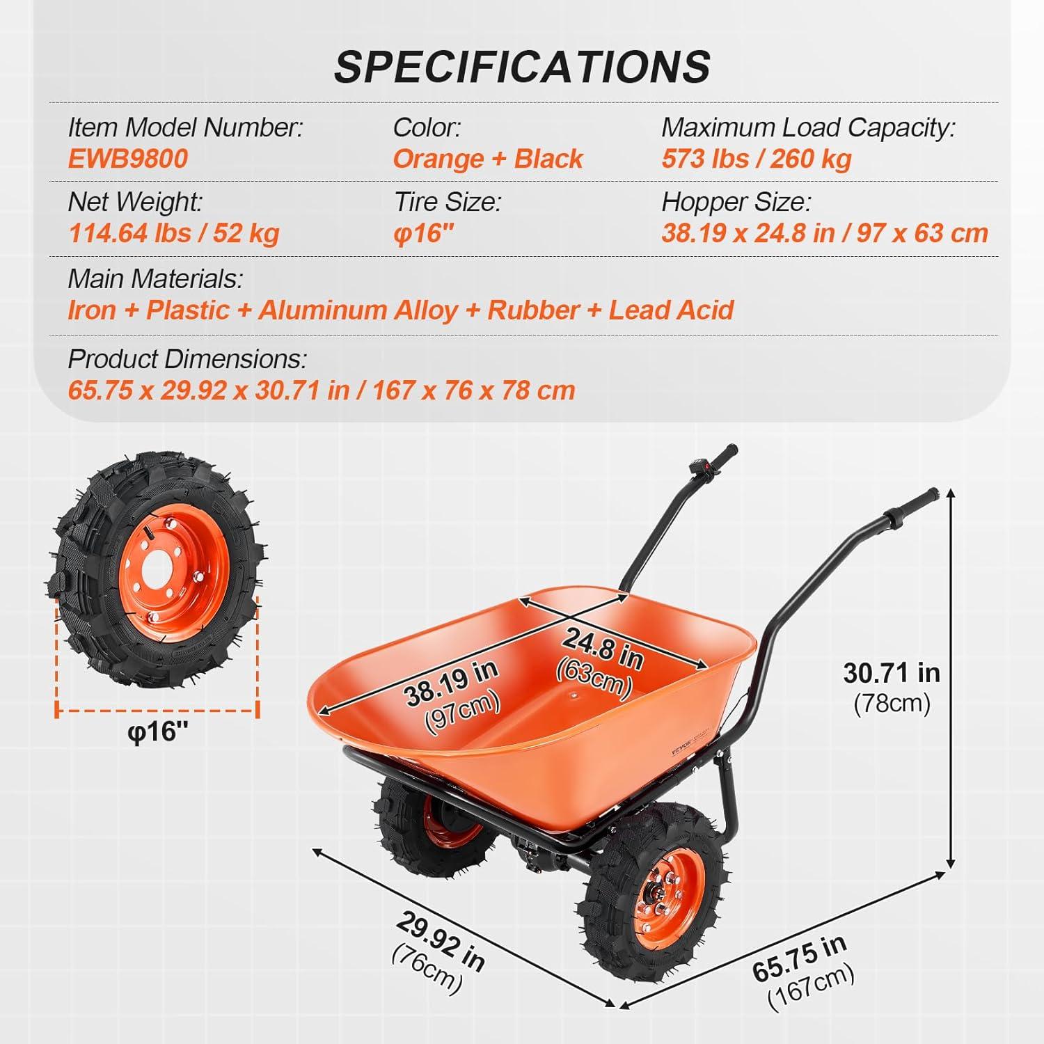 image:imageVEVOR Electric Wheelbarrow Cart 500W Powered Utility Garden Wagon Dump Cart 45 Cu Ft Load amp 573 lbs Capacity with Metal Handle amp 16 Track Wheels Two Wheel Barrow Yard Cart amp Wagons for LawnElectric 45 Cu Ft Load 573 lbs