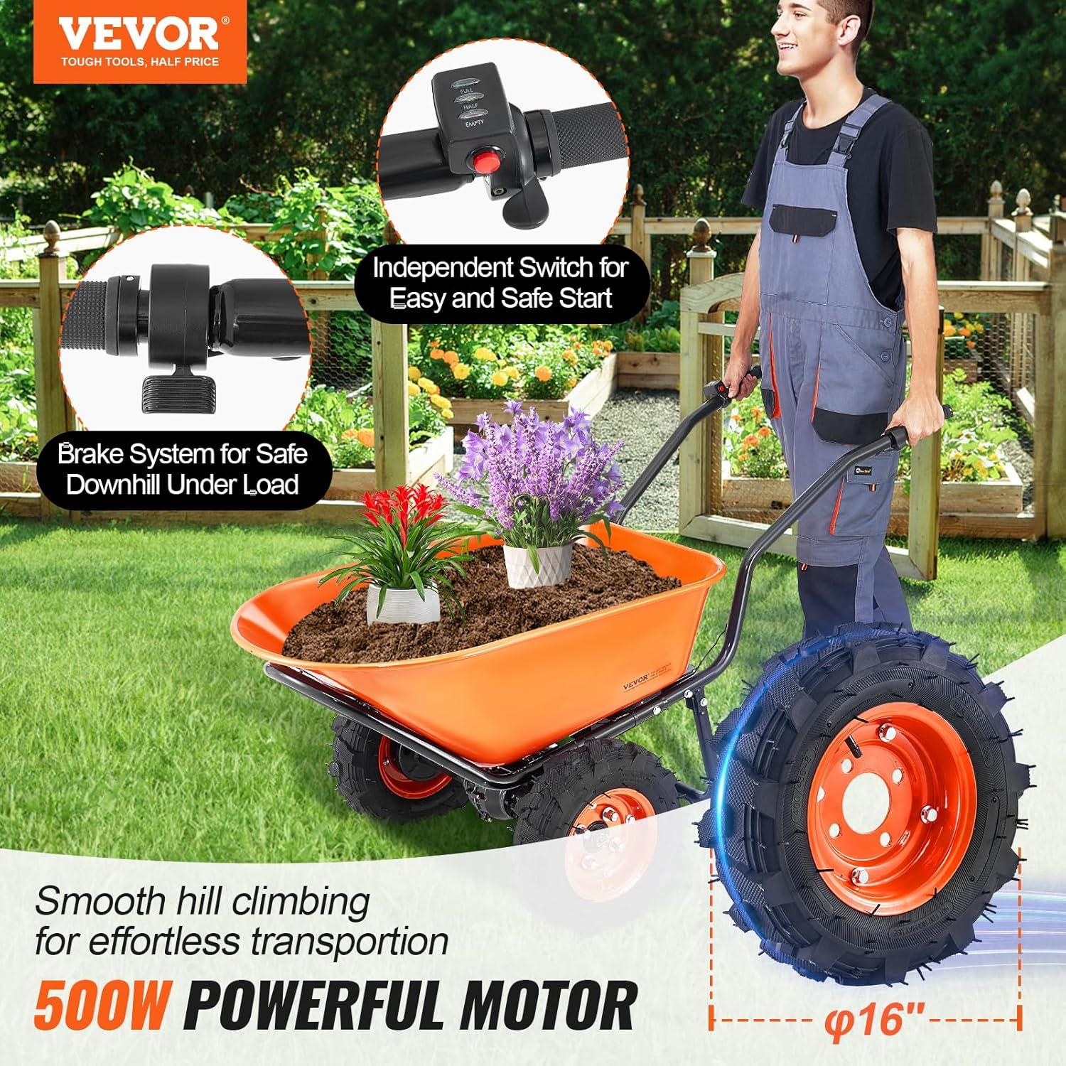 image:imageVEVOR Electric Wheelbarrow Cart 500W Powered Utility Garden Wagon Dump Cart 45 Cu Ft Load amp 573 lbs Capacity with Metal Handle amp 16 Track Wheels Two Wheel Barrow Yard Cart amp Wagons for LawnElectric 45 Cu Ft Load 573 lbs