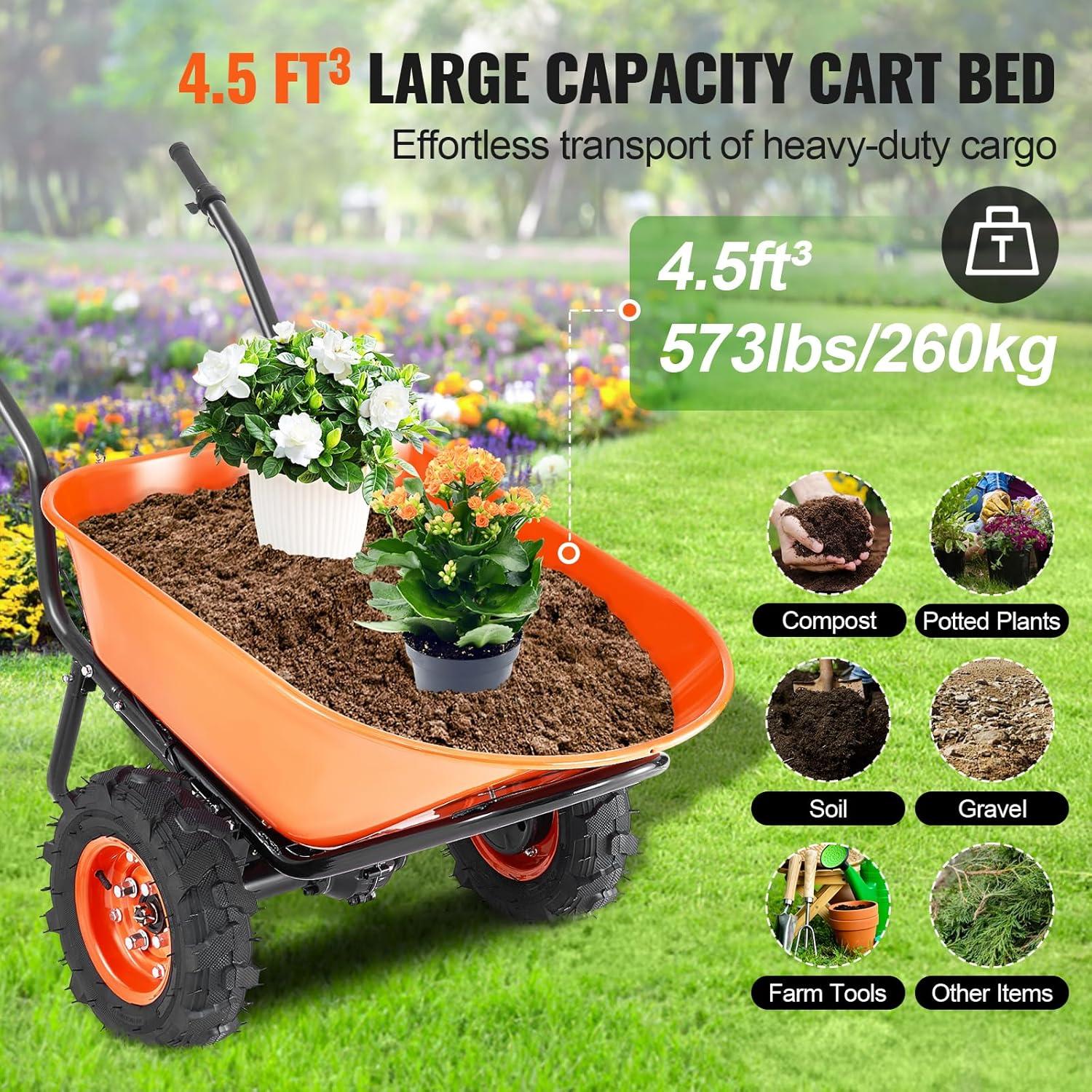 image:imageVEVOR Electric Wheelbarrow Cart 500W Powered Utility Garden Wagon Dump Cart 45 Cu Ft Load amp 573 lbs Capacity with Metal Handle amp 16 Track Wheels Two Wheel Barrow Yard Cart amp Wagons for LawnElectric 45 Cu Ft Load 573 lbs