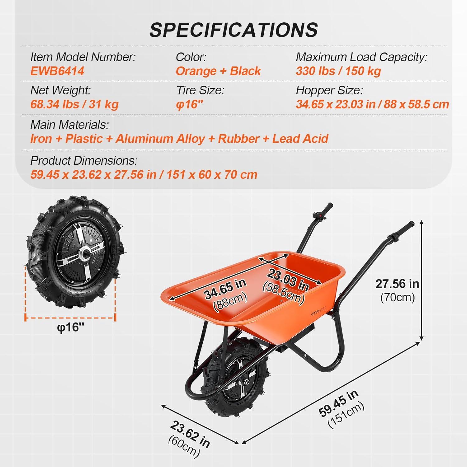 image:imageVEVOR Electric Wheelbarrow Cart 500W Powered Utility Garden Wagon Dump Cart 45 Cu Ft Load amp 573 lbs Capacity with Metal Handle amp 16 Track Wheels Two Wheel Barrow Yard Cart amp Wagons for LawnElectric 4 Cu Ft Load 330 lbs