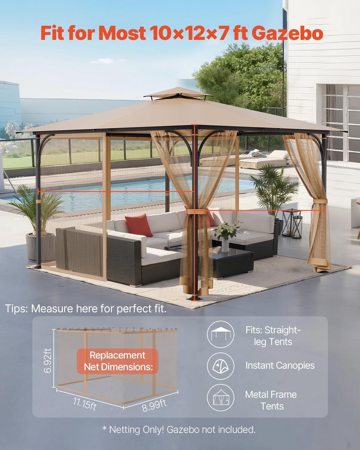 image:imageVEVOR Gazebo Netting Replacement Fit Most 10 x 10 x 67 FT Gazebo Curtain Outdoor Garden Net 4Panel Sidewall Mesh Net Patio Midge Nettings with Double Zipper Canopy Screen Netting OnlyKhaki