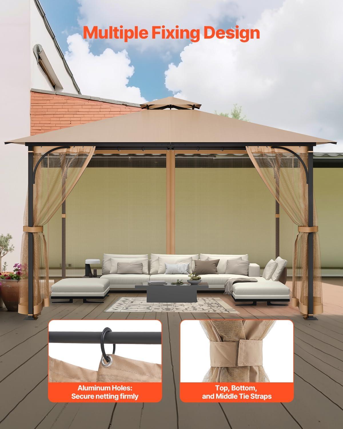 image:imageVEVOR Gazebo Netting Replacement Fit Most 10 x 10 x 67 FT Gazebo Curtain Outdoor Garden Net 4Panel Sidewall Mesh Net Patio Midge Nettings with Double Zipper Canopy Screen Netting OnlyKhaki