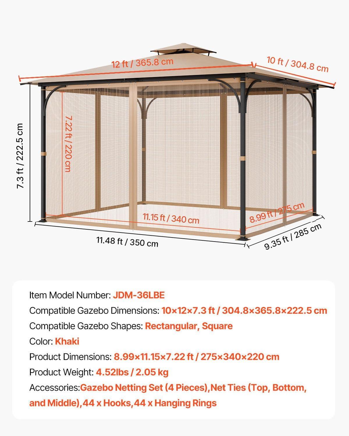 image:imageVEVOR Gazebo Netting Replacement Fit Most 10 x 10 x 67 FT Gazebo Curtain Outdoor Garden Net 4Panel Sidewall Mesh Net Patio Midge Nettings with Double Zipper Canopy Screen Netting OnlyKhaki