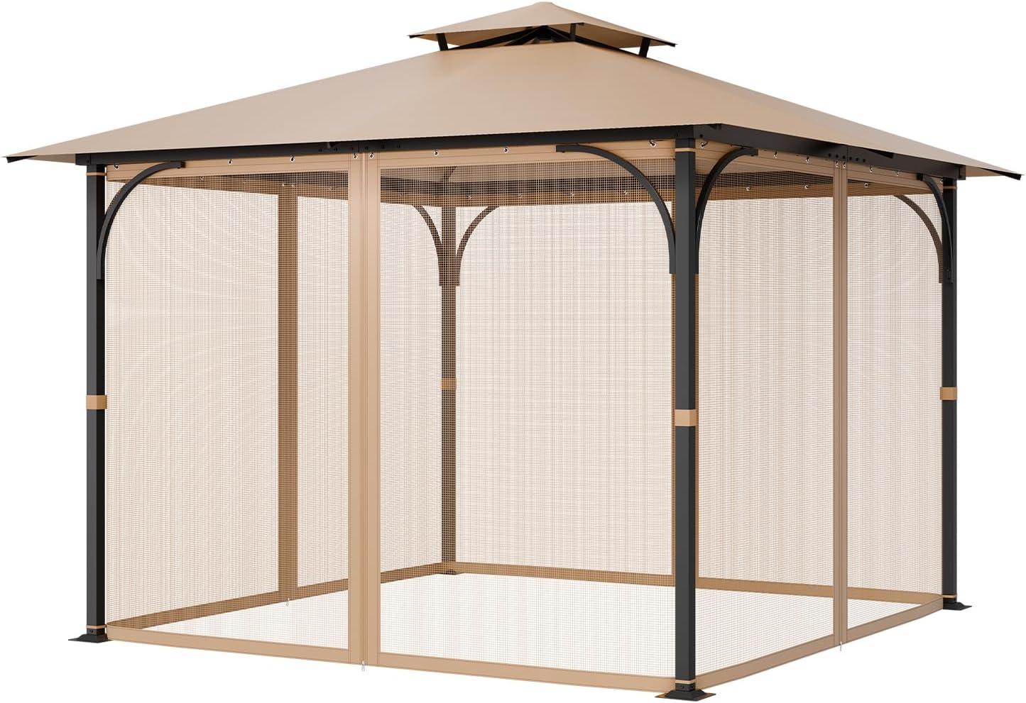 image:imageVEVOR Gazebo Netting Replacement Fit Most 10 x 10 x 67 FT Gazebo Curtain Outdoor Garden Net 4Panel Sidewall Mesh Net Patio Midge Nettings with Double Zipper Canopy Screen Netting OnlyKhaki