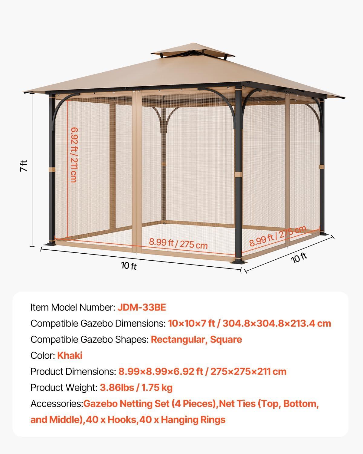 image:imageVEVOR Gazebo Netting Replacement Fit Most 10 x 10 x 67 FT Gazebo Curtain Outdoor Garden Net 4Panel Sidewall Mesh Net Patio Midge Nettings with Double Zipper Canopy Screen Netting OnlyKhaki