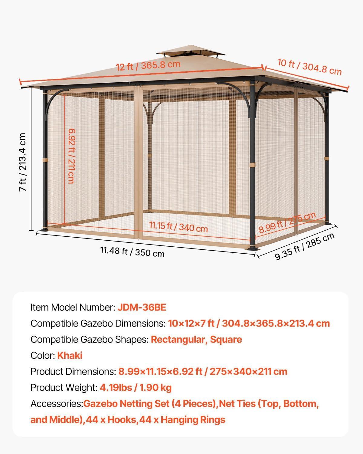 image:imageVEVOR Gazebo Netting Replacement Fit Most 10 x 10 x 67 FT Gazebo Curtain Outdoor Garden Net 4Panel Sidewall Mesh Net Patio Midge Nettings with Double Zipper Canopy Screen Netting OnlyKhaki