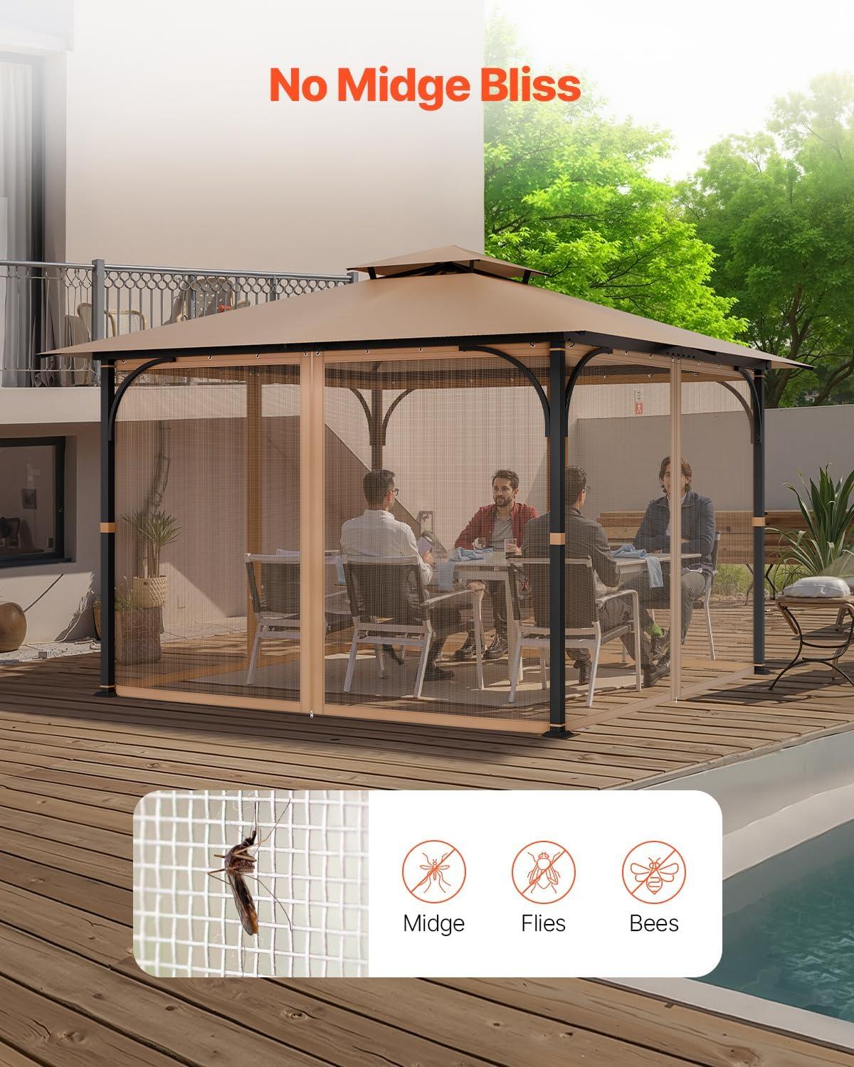 image:imageVEVOR Gazebo Netting Replacement Fit Most 10 x 10 x 67 FT Gazebo Curtain Outdoor Garden Net 4Panel Sidewall Mesh Net Patio Midge Nettings with Double Zipper Canopy Screen Netting OnlyKhaki