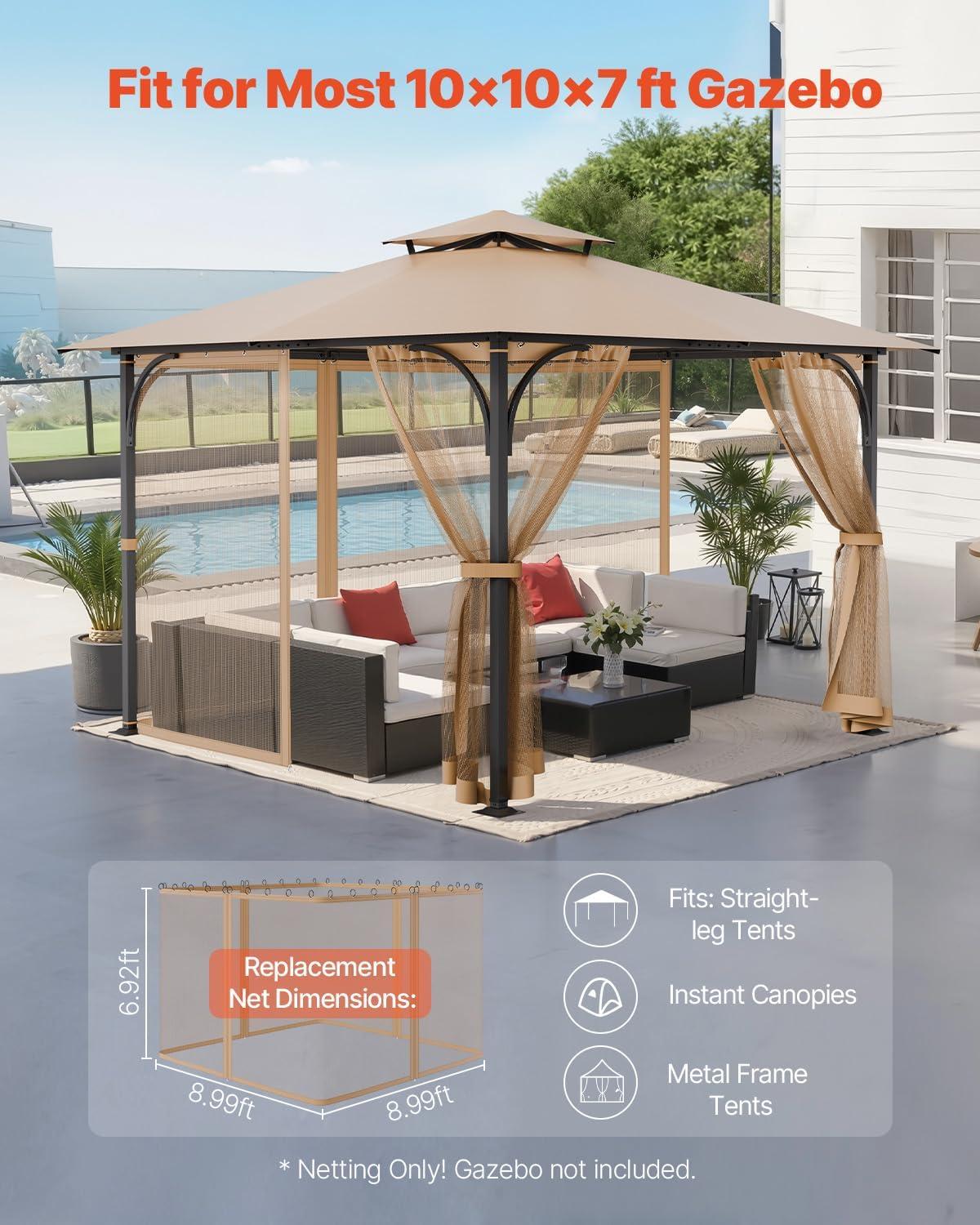 image:imageVEVOR Gazebo Netting Replacement Fit Most 10 x 10 x 67 FT Gazebo Curtain Outdoor Garden Net 4Panel Sidewall Mesh Net Patio Midge Nettings with Double Zipper Canopy Screen Netting OnlyKhaki
