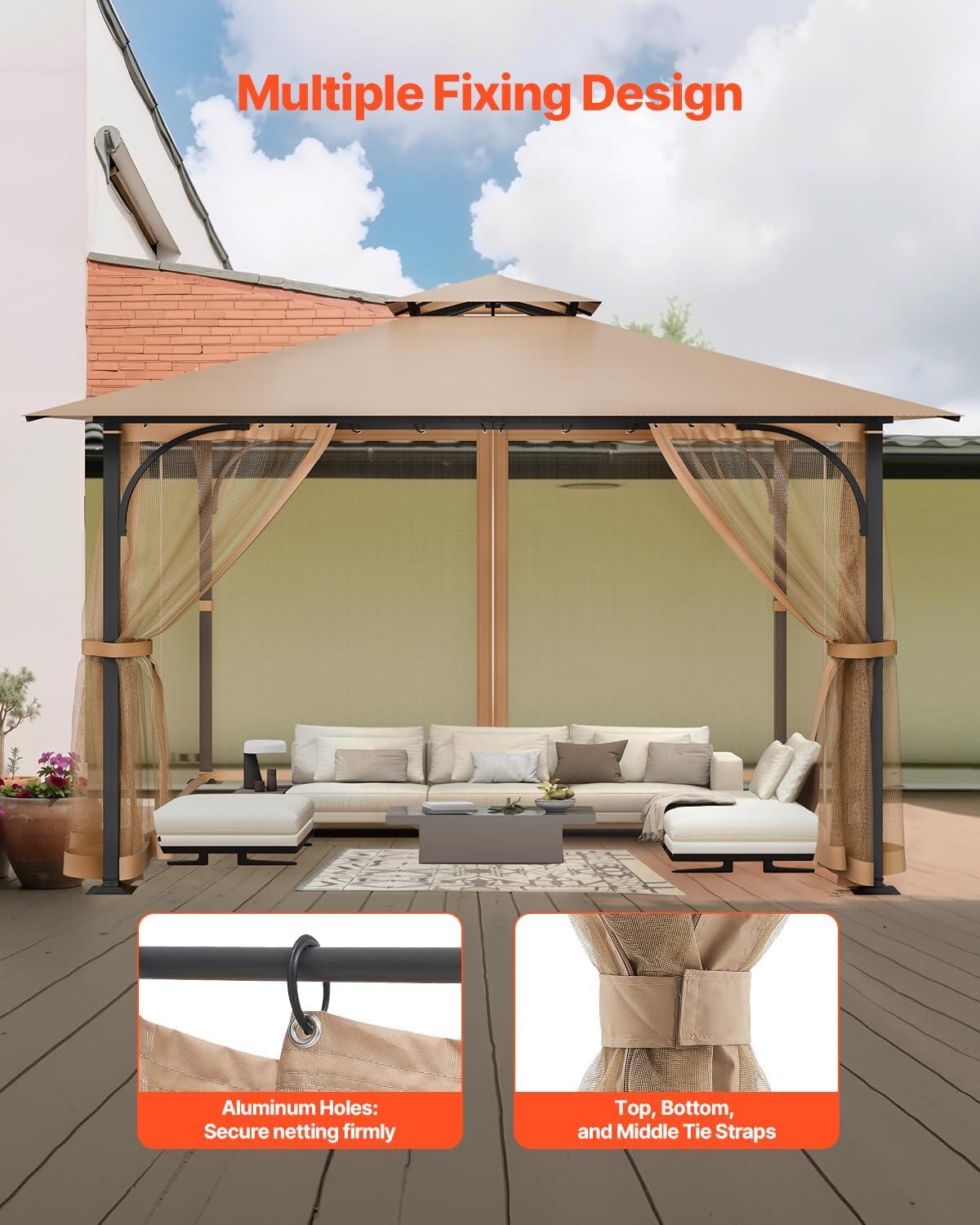 image:imageVEVOR Gazebo Netting Replacement Fit Most 10 x 10 x 67 FT Gazebo Curtain Outdoor Garden Net 4Panel Sidewall Mesh Net Patio Midge Nettings with Double Zipper Canopy Screen Netting OnlyKhaki
