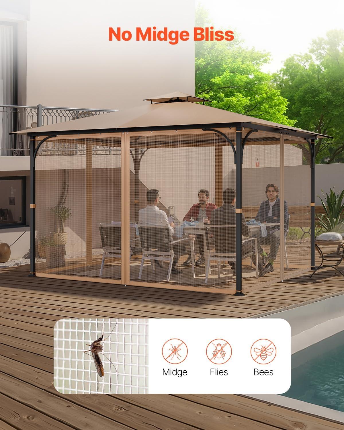 image:imageVEVOR Gazebo Netting Replacement Fit Most 10 x 10 x 67 FT Gazebo Curtain Outdoor Garden Net 4Panel Sidewall Mesh Net Patio Midge Nettings with Double Zipper Canopy Screen Netting OnlyKhaki