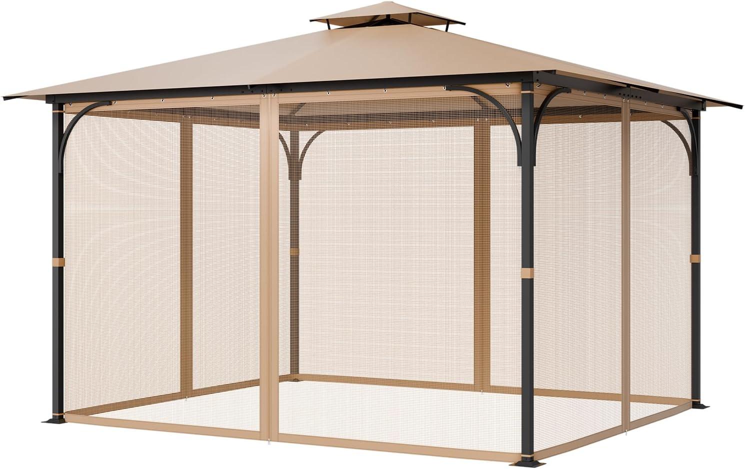 image:imageVEVOR Gazebo Netting Replacement Fit Most 10 x 10 x 67 FT Gazebo Curtain Outdoor Garden Net 4Panel Sidewall Mesh Net Patio Midge Nettings with Double Zipper Canopy Screen Netting OnlyKhaki