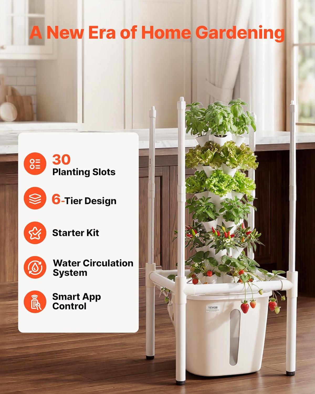 image:imageVEVOR Hydroponic Tower 30 Pods 6 Tiers Hydroponics Growing System Kit with LED Grow Light amp App Control Vertical Home Garden with 20L Water Tank amp Pump Planter for Indoor Herbs Fruits Vegetables