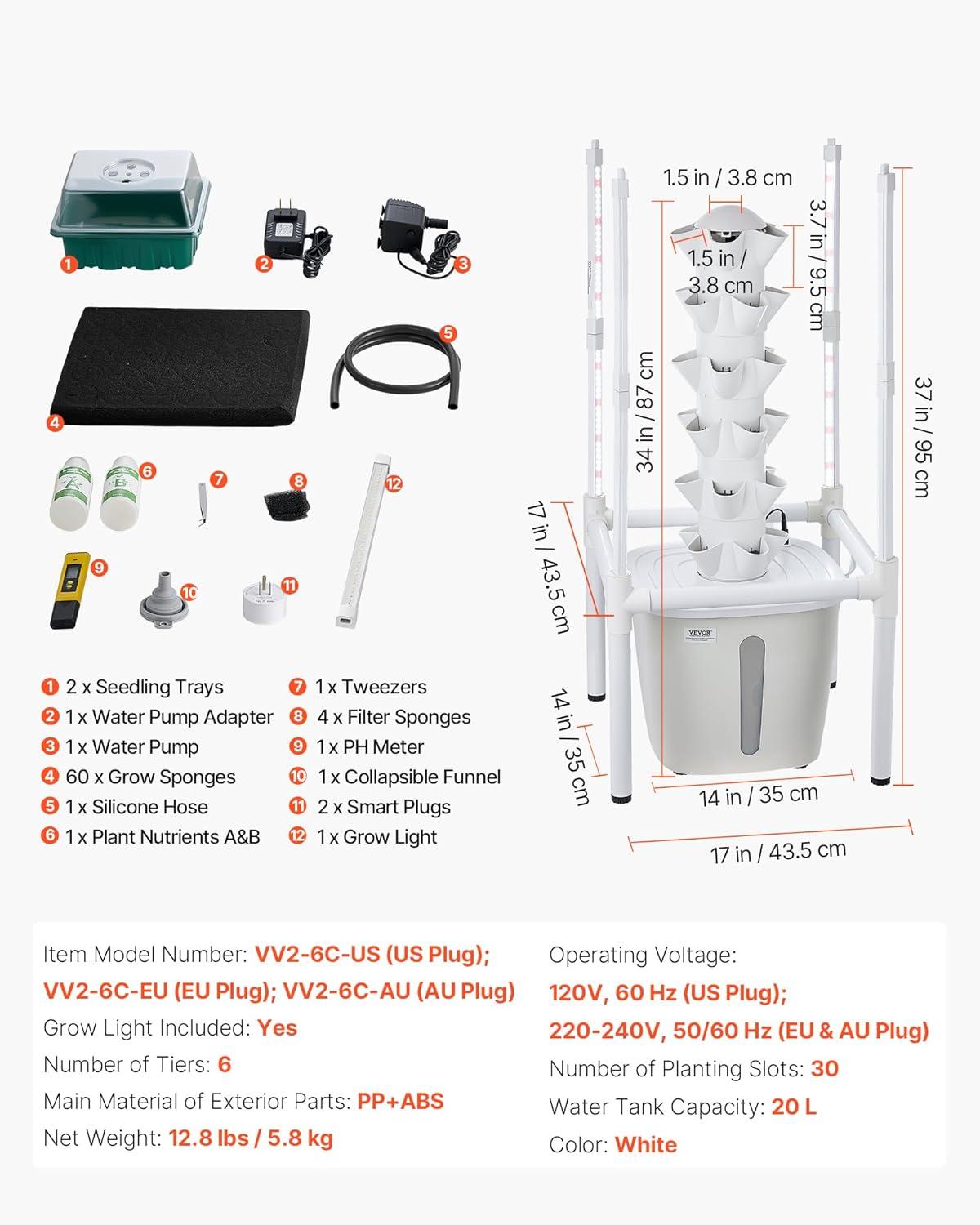 image:imageVEVOR Hydroponic Tower 30 Pods 6 Tiers Hydroponics Growing System Kit with LED Grow Light amp App Control Vertical Home Garden with 20L Water Tank amp Pump Planter for Indoor Herbs Fruits Vegetables