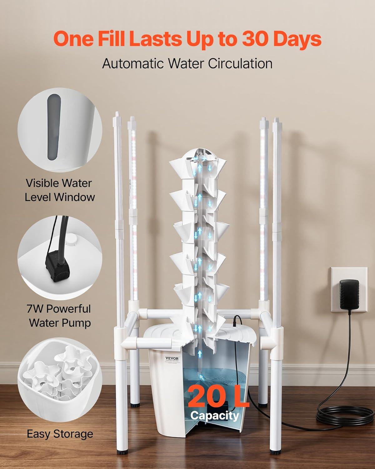 image:imageVEVOR Hydroponic Tower 30 Pods 6 Tiers Hydroponics Growing System Kit with LED Grow Light amp App Control Vertical Home Garden with 20L Water Tank amp Pump Planter for Indoor Herbs Fruits Vegetables