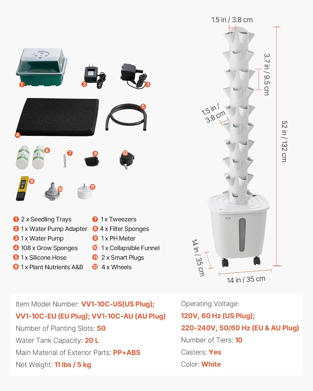 image:imageVEVOR Hydroponic Tower 50 Pods 10 Tiers Hydroponics Growing System Kit with App Control amp Casters Vertical Home Garden with 20L Water Tank amp Pump Planter for Indoor Herbs Fruits and Vegetables