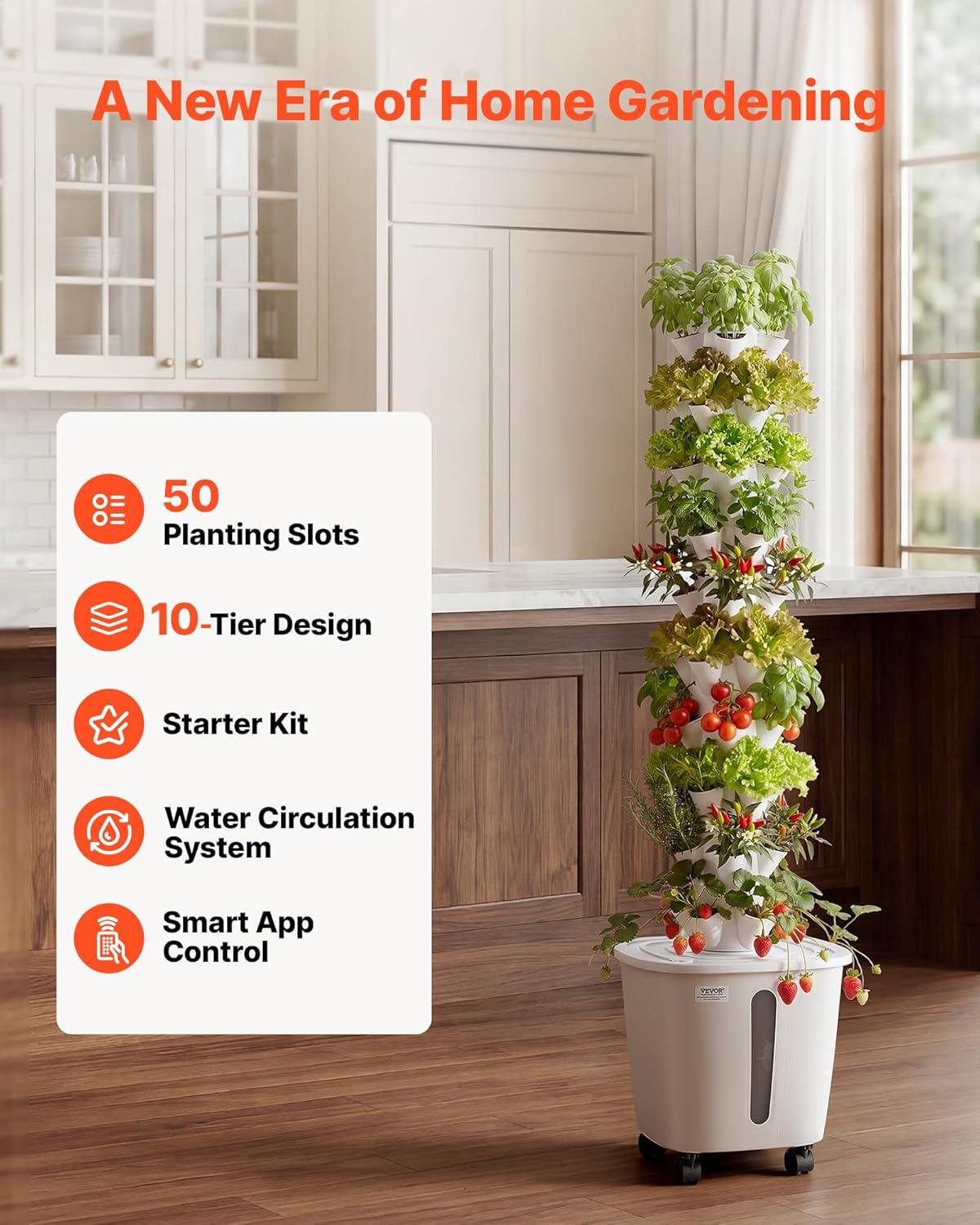 image:imageVEVOR Hydroponic Tower 50 Pods 10 Tiers Hydroponics Growing System Kit with App Control amp Casters Vertical Home Garden with 20L Water Tank amp Pump Planter for Indoor Herbs Fruits and Vegetables
