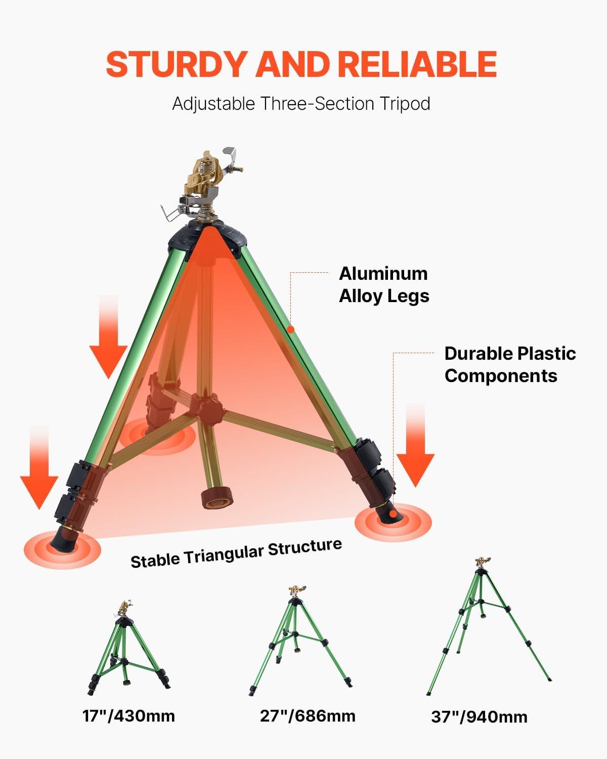 image:imageVEVOR Impact Sprinkler on Tripod Base 2 Packs Heavy Duty Tripod Sprinklers with Brass Head amp 34 NH Connector 360 Degree Large Area Irrigation Sprinkler Adjustable Heights Sprinkler for Yard2PC