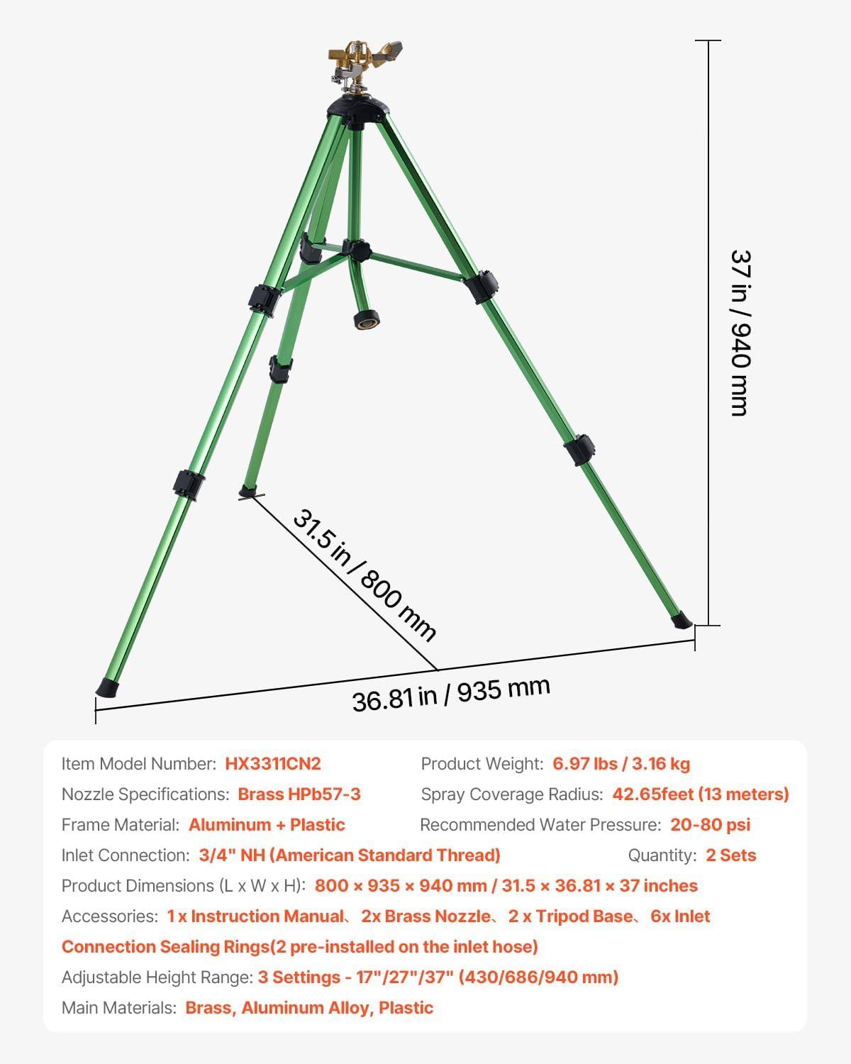 image:imageVEVOR Impact Sprinkler on Tripod Base 2 Packs Heavy Duty Tripod Sprinklers with Brass Head amp 34 NH Connector 360 Degree Large Area Irrigation Sprinkler Adjustable Heights Sprinkler for Yard2PC