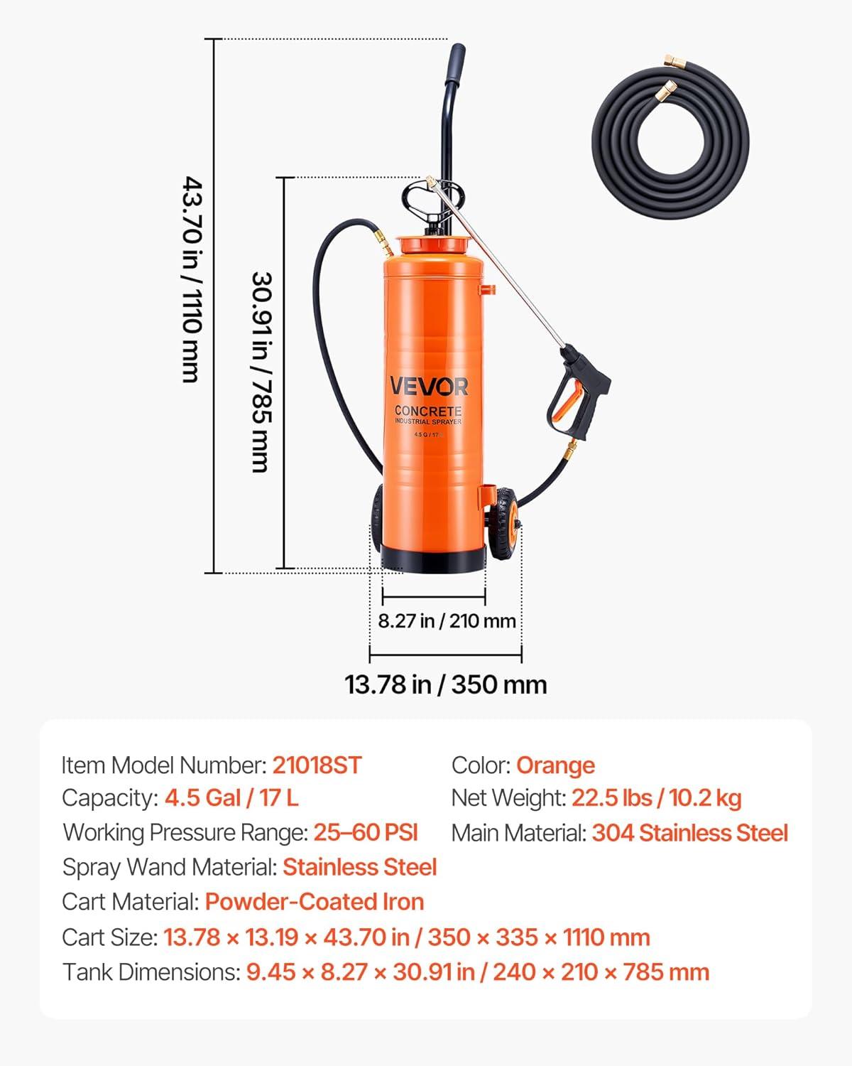 image:imageVEVOR Industrial Concrete Sprayer with Wheeled Cart 35 Gallon Stainless Steel Sprayer Heavy Duty TriPoxy Pump Sprayers 205Wand 48 amp 120Hoses 2 Brass Nozzles for Construction Lawn amp Garden45 Gal with Cart
