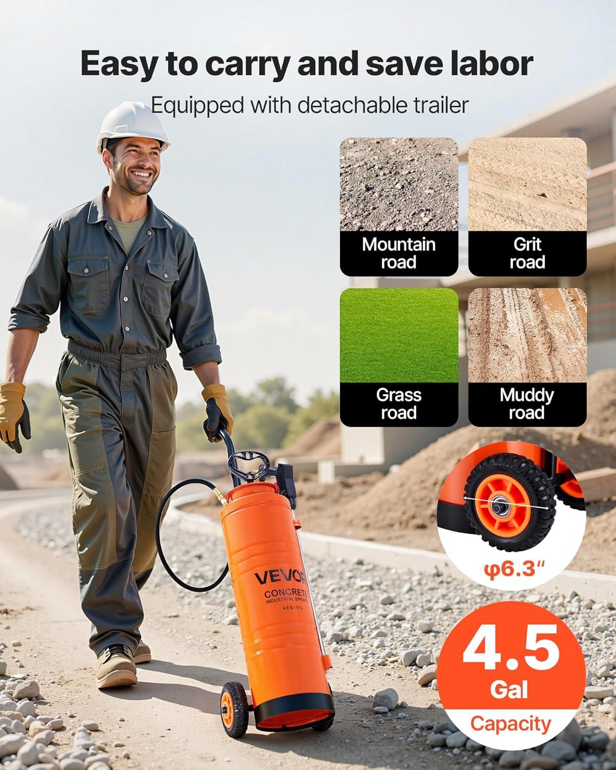 image:imageVEVOR Industrial Concrete Sprayer with Wheeled Cart 35 Gallon Stainless Steel Sprayer Heavy Duty TriPoxy Pump Sprayers 205Wand 48 amp 120Hoses 2 Brass Nozzles for Construction Lawn amp Garden45 Gal with Cart