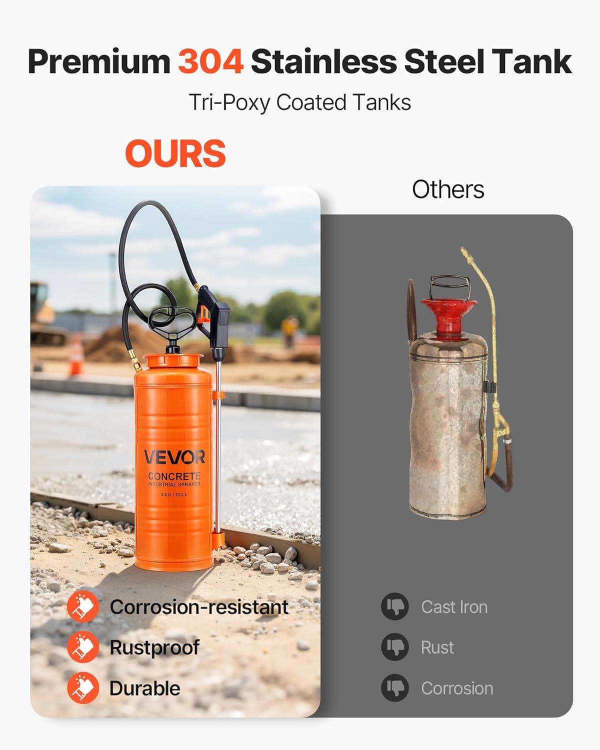 image:imageVEVOR Industrial Concrete Sprayer with Wheeled Cart 35 Gallon Stainless Steel Sprayer Heavy Duty TriPoxy Pump Sprayers 205Wand 48 amp 120Hoses 2 Brass Nozzles for Construction Lawn amp Garden35 Gal Basic
